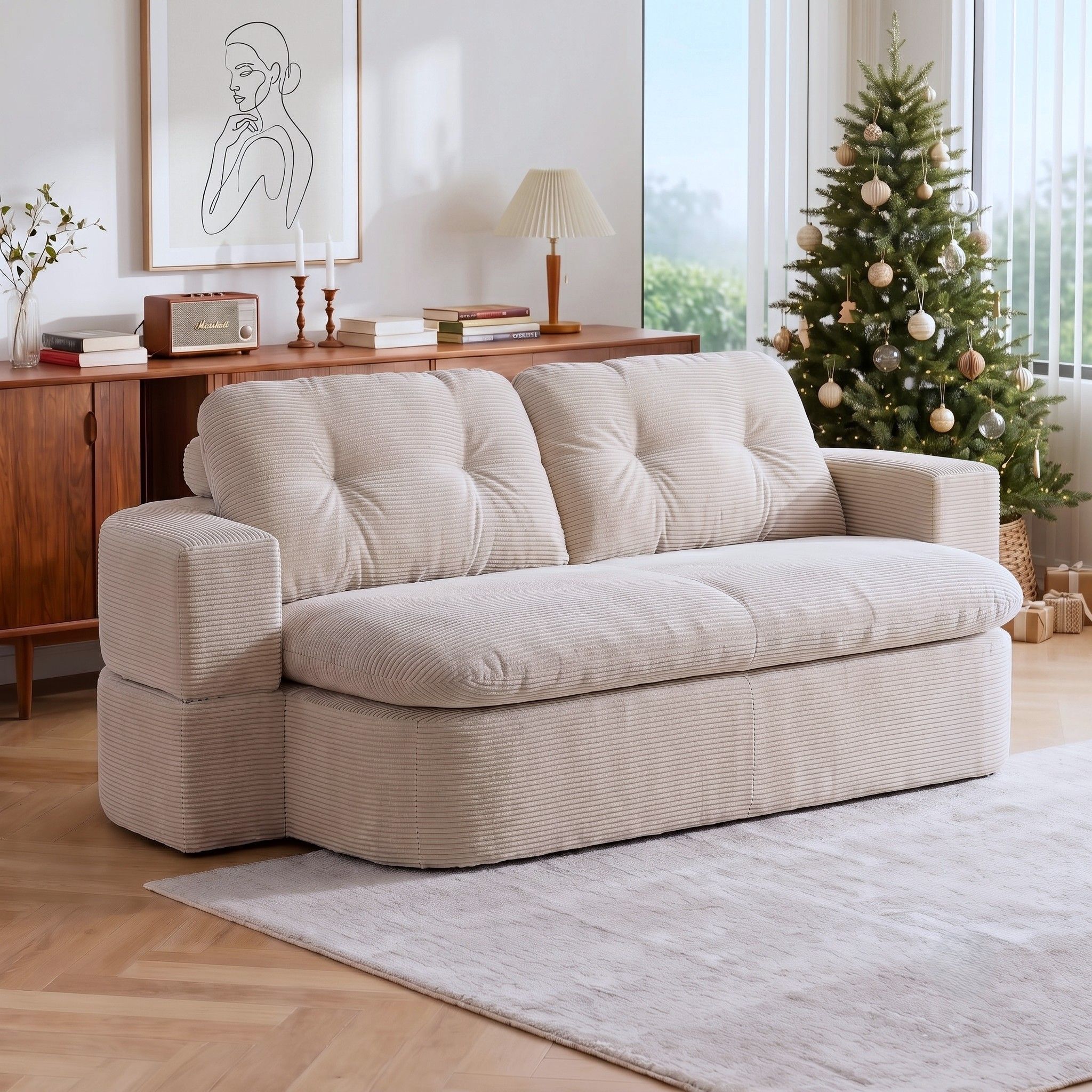 Artiss Convertible Folding Sofa Bed 30D High-Density Foam Boneless Couch with Corduroy Sleeper Couch Lounger for Living Room Beign Bedworld