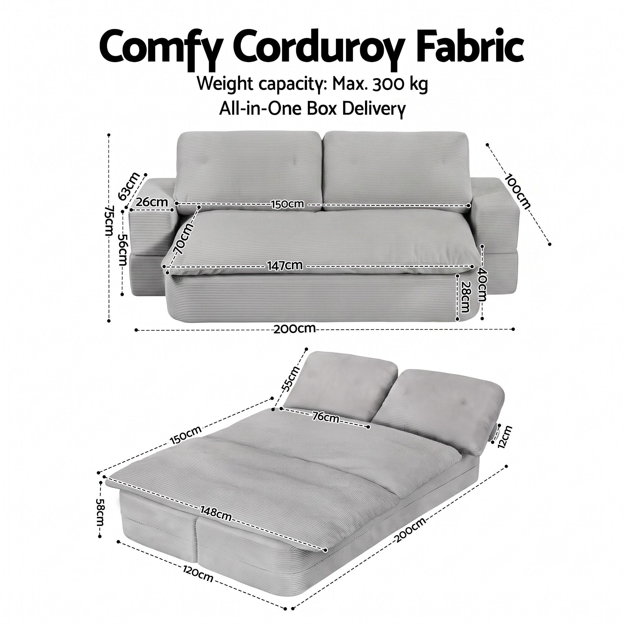 Artiss Convertible Folding Sofa Bed 30D High-Density Foam Boneless Couch with Corduroy Sleeper Couch Lounger for Living Room Grey Bedworld