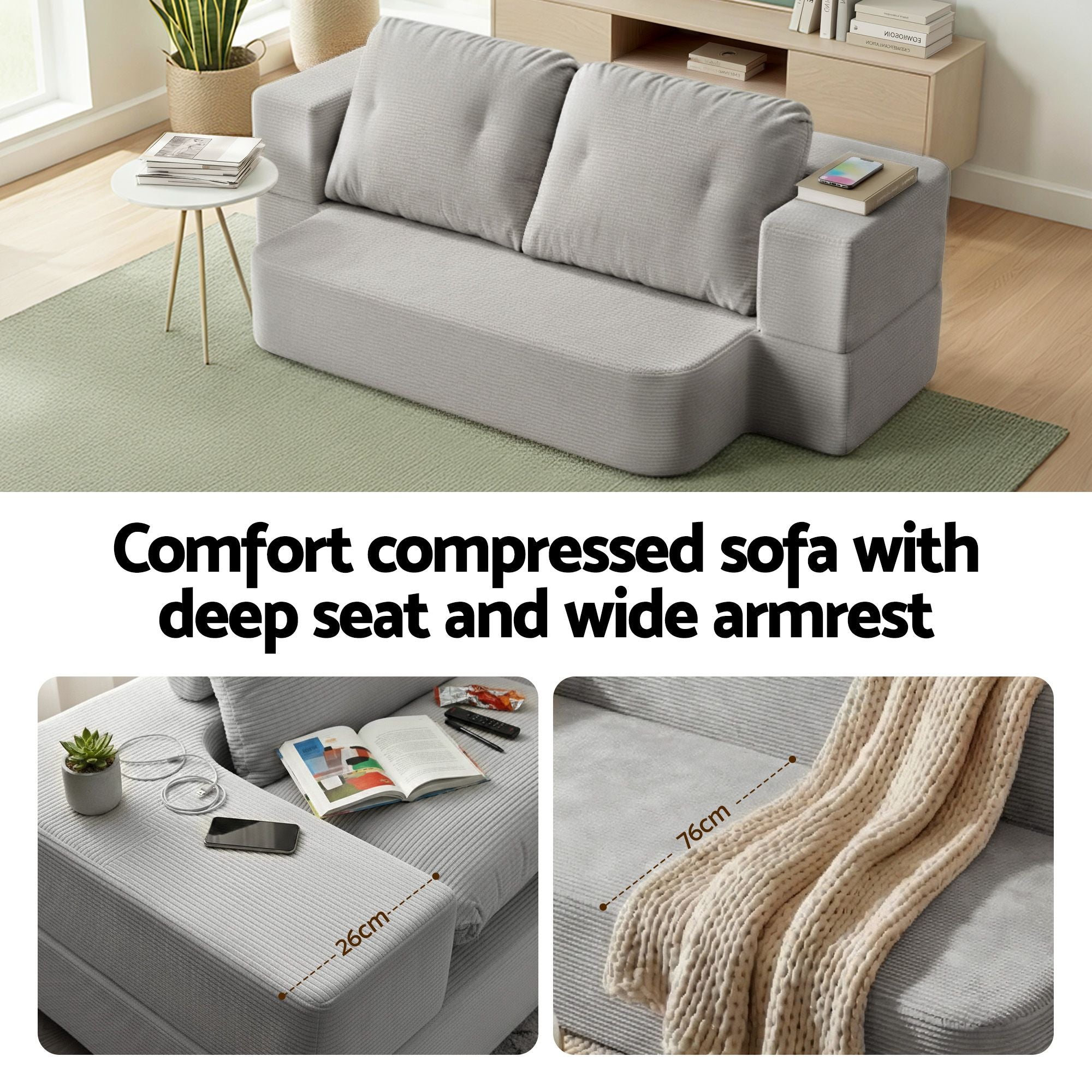Artiss Convertible Folding Sofa Bed 30D High-Density Foam Boneless Couch with Corduroy Sleeper Couch Lounger for Living Room Grey Bedworld