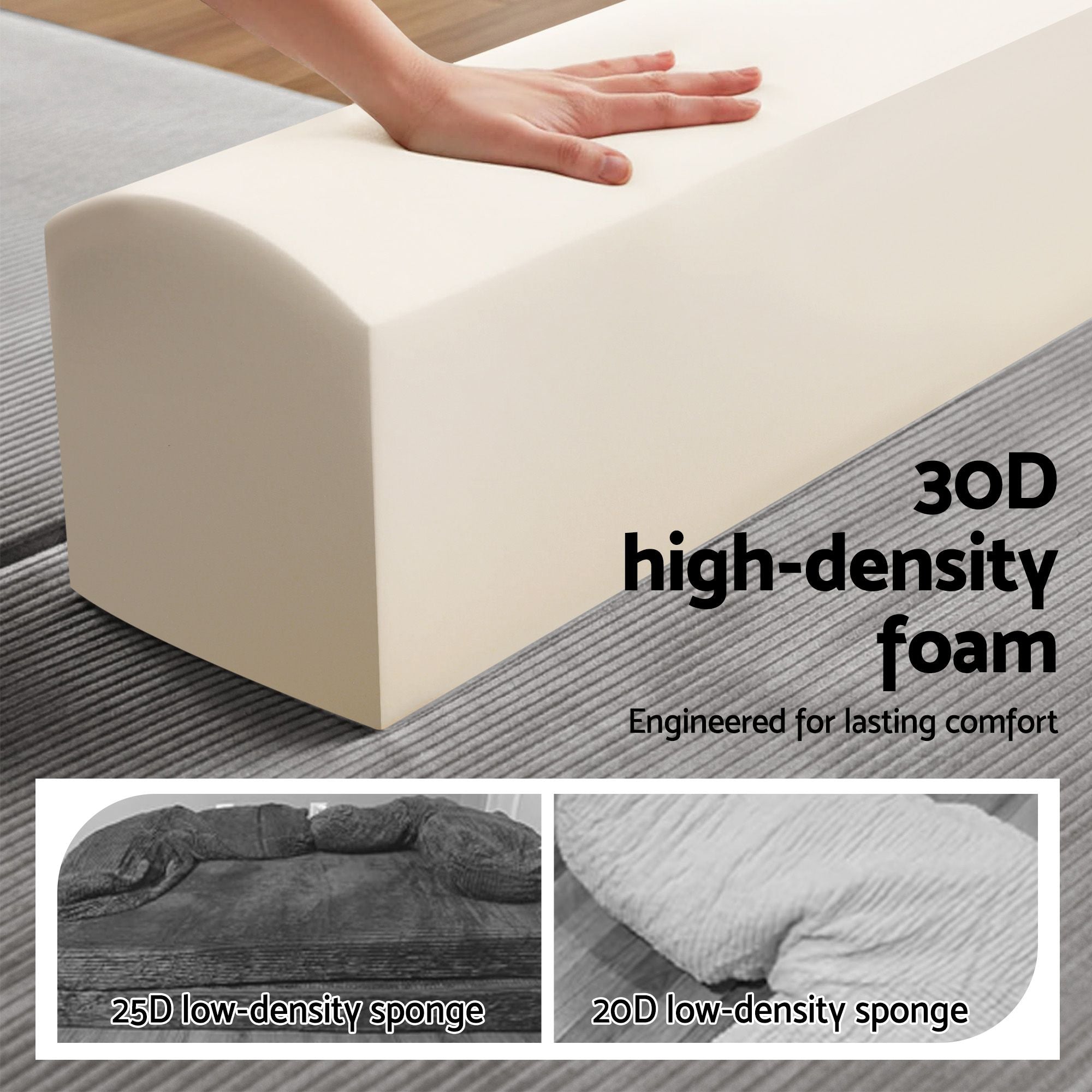Artiss Convertible Folding Sofa Bed 30D High-Density Foam Boneless Couch with Corduroy Sleeper Couch Lounger for Living Room Grey Bedworld