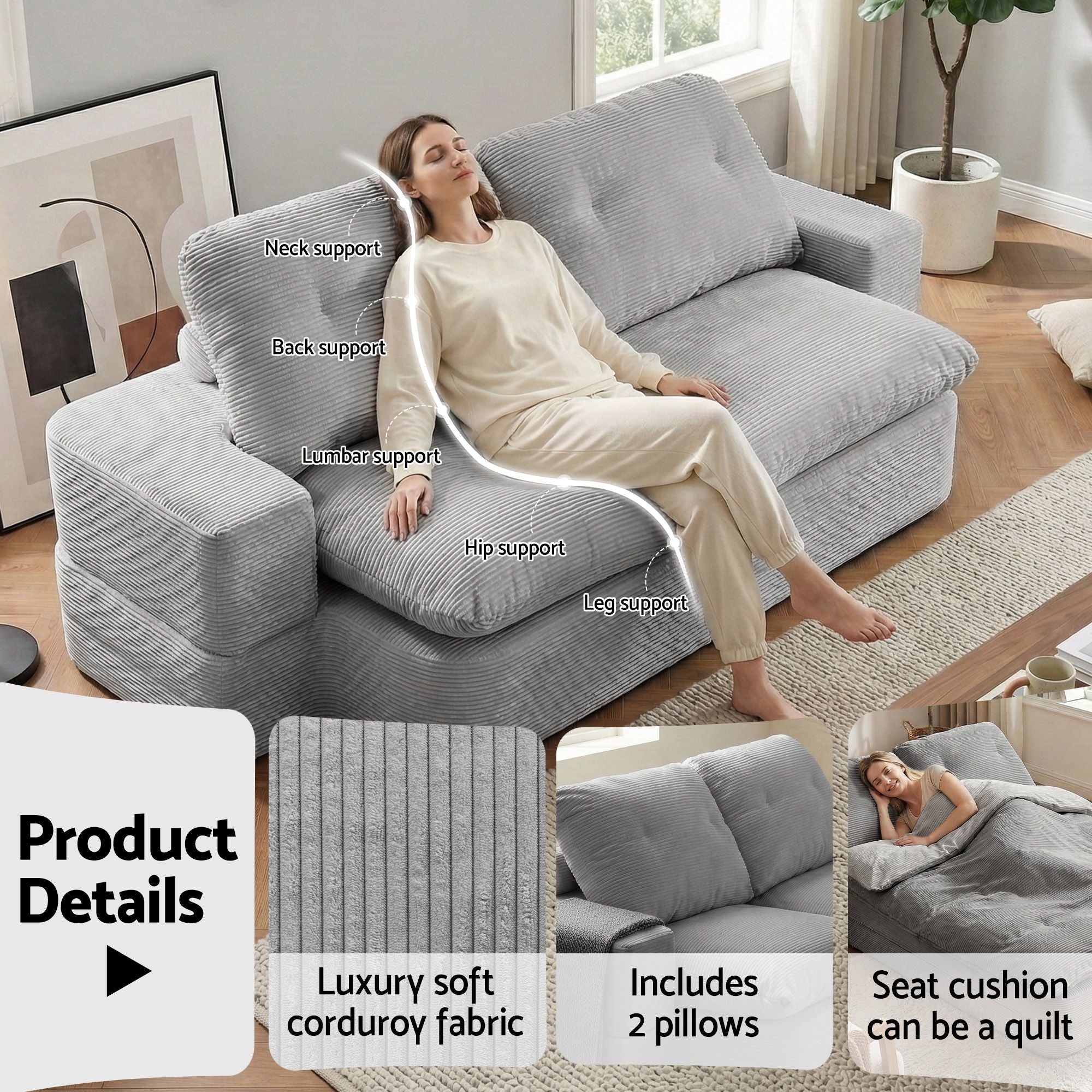 Artiss Convertible Folding Sofa Bed 30D High-Density Foam Boneless Couch with Corduroy Sleeper Couch Lounger for Living Room Grey Bedworld