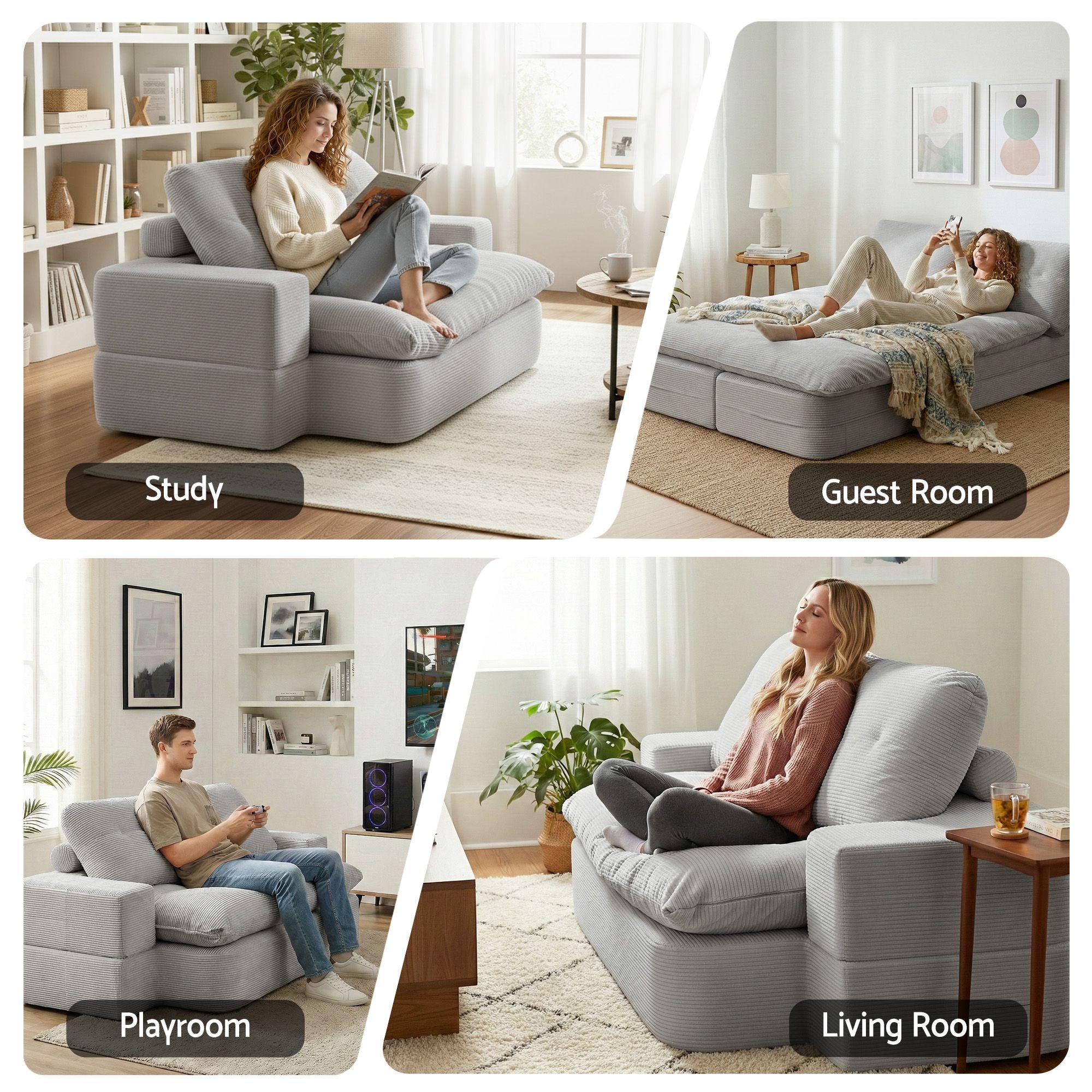 Artiss Convertible Folding Sofa Bed 30D High-Density Foam Boneless Couch with Corduroy Sleeper Couch Lounger for Living Room Grey Bedworld