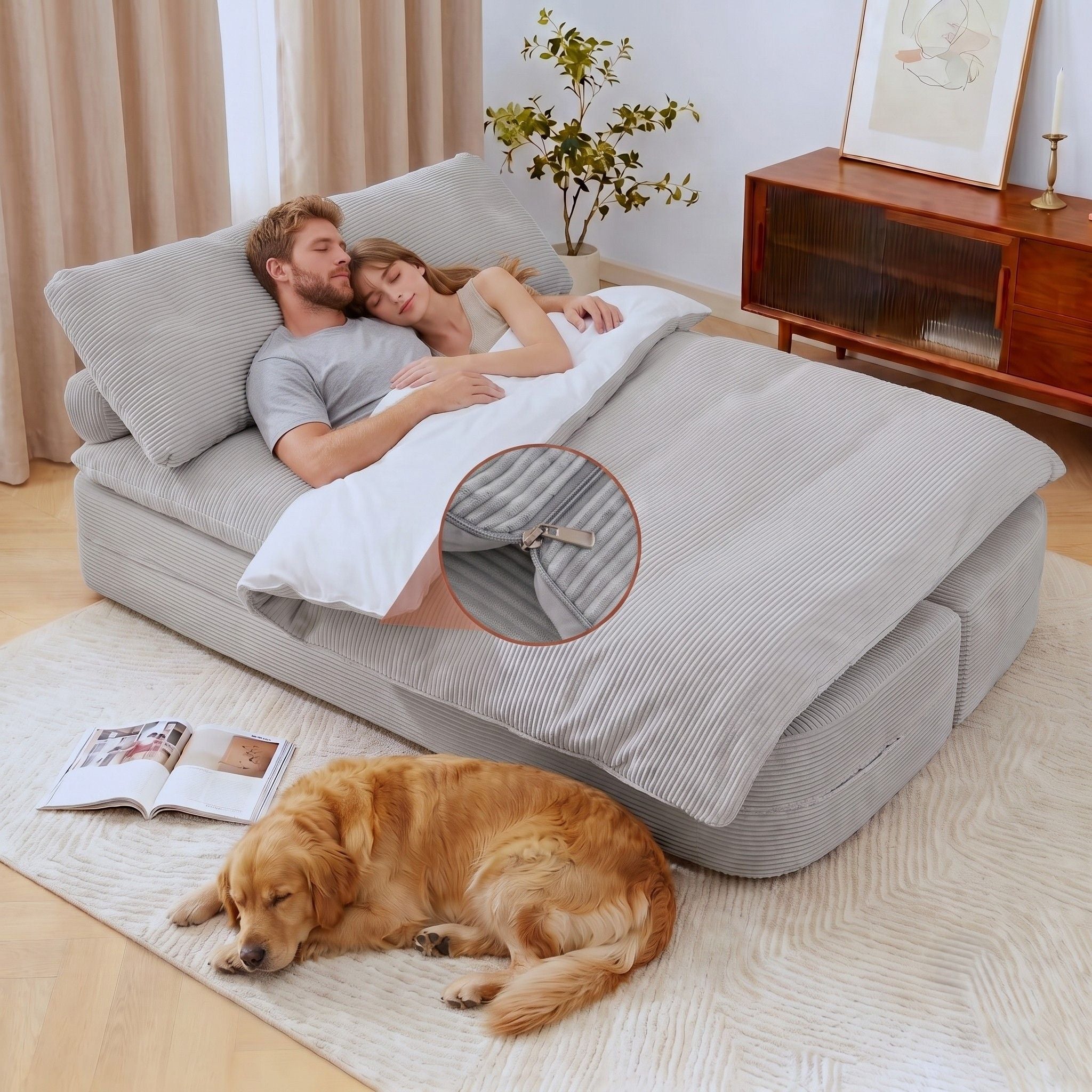 Artiss Convertible Folding Sofa Bed 30D High-Density Foam Boneless Couch with Corduroy Sleeper Couch Lounger for Living Room Grey Bedworld