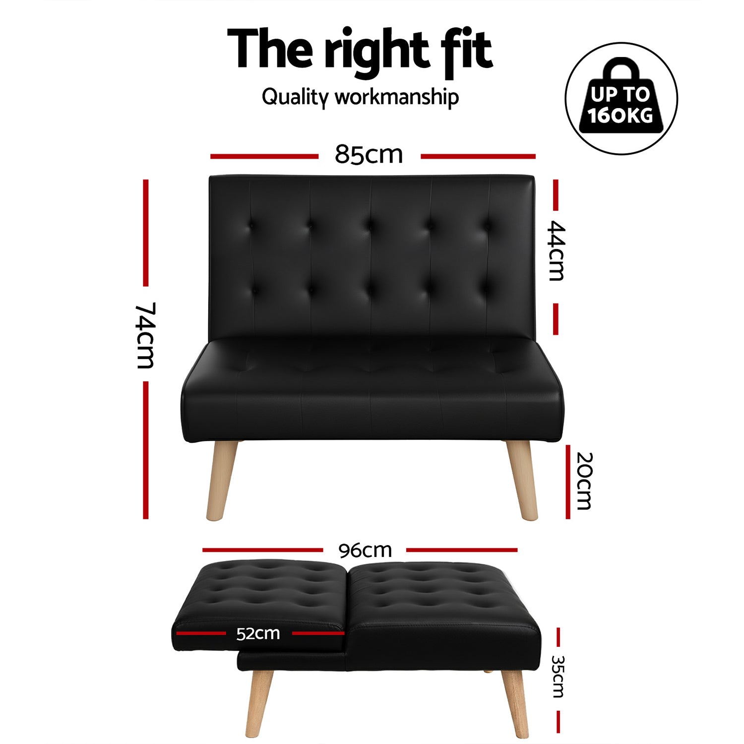 Artiss Sofa Bed Couch 1 Seater Lounge Fabric Black