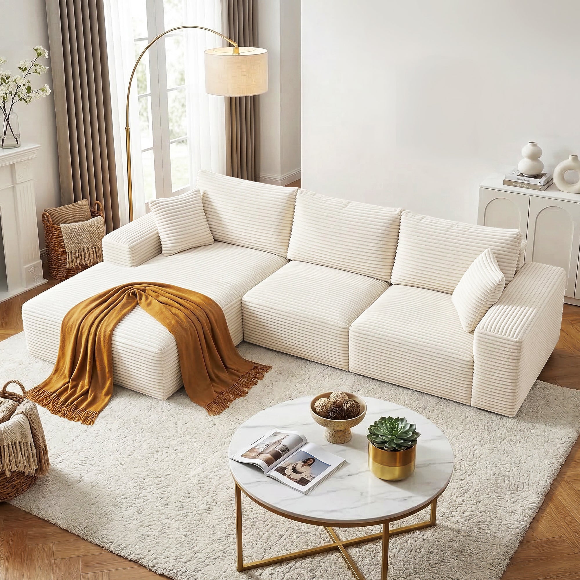 Artiss 3 Seater Modular Sofa Bed Sectional Boneless Couches for Living Room Corduroy Compressed Sofa White Bedworld