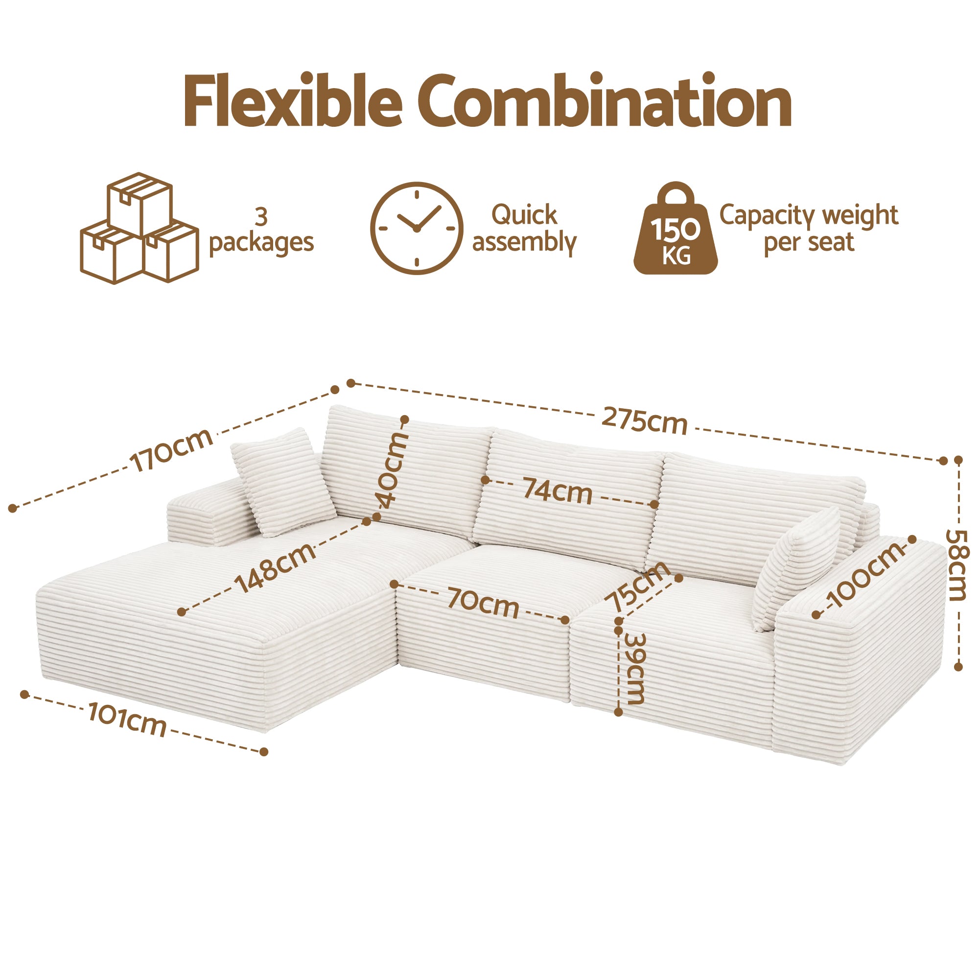 Artiss 3 Seater Modular Sofa Bed Sectional Boneless Couches for Living Room Corduroy Compressed Sofa White Bedworld