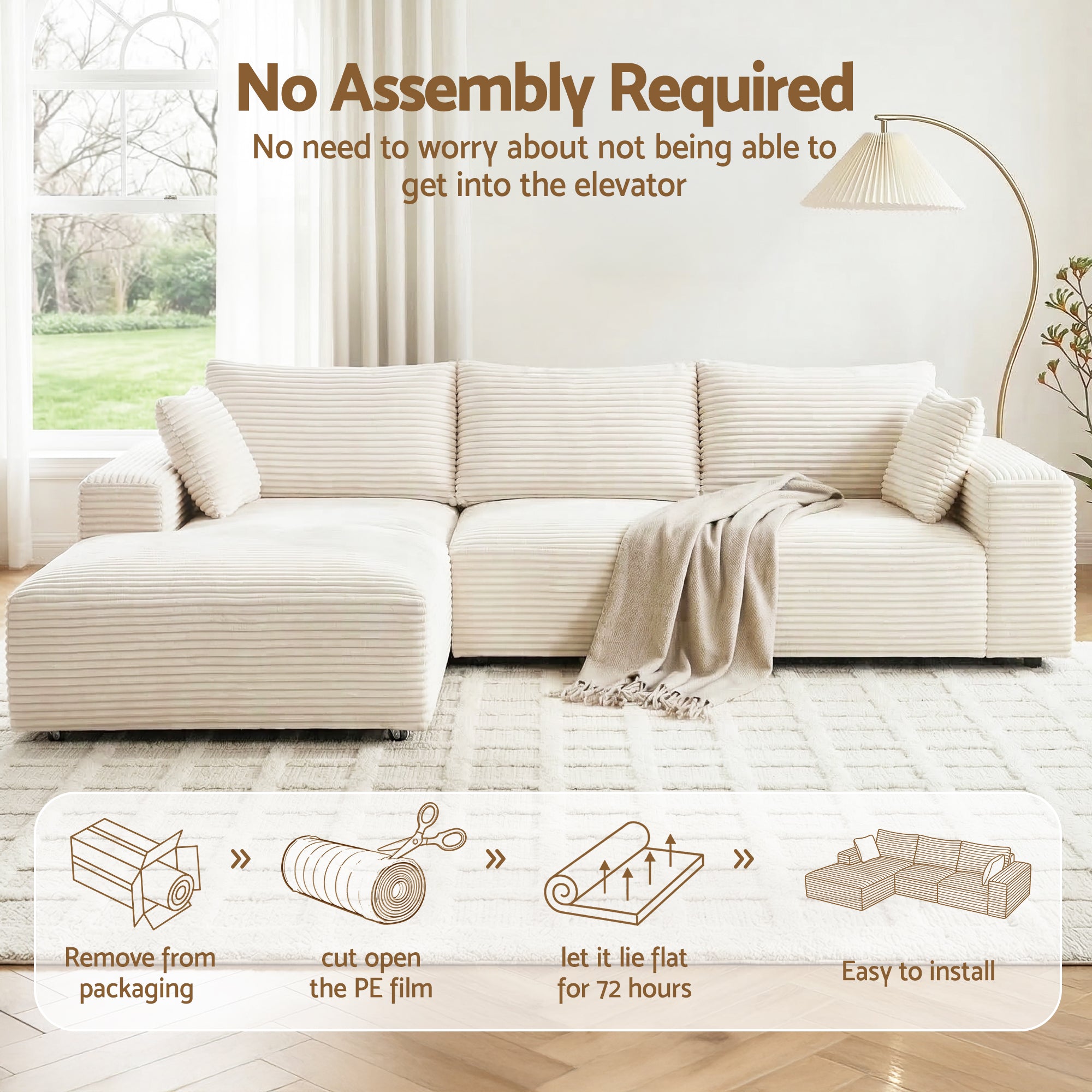 Artiss 3 Seater Modular Sofa Bed Sectional Boneless Couches for Living Room Corduroy Compressed Sofa White Bedworld