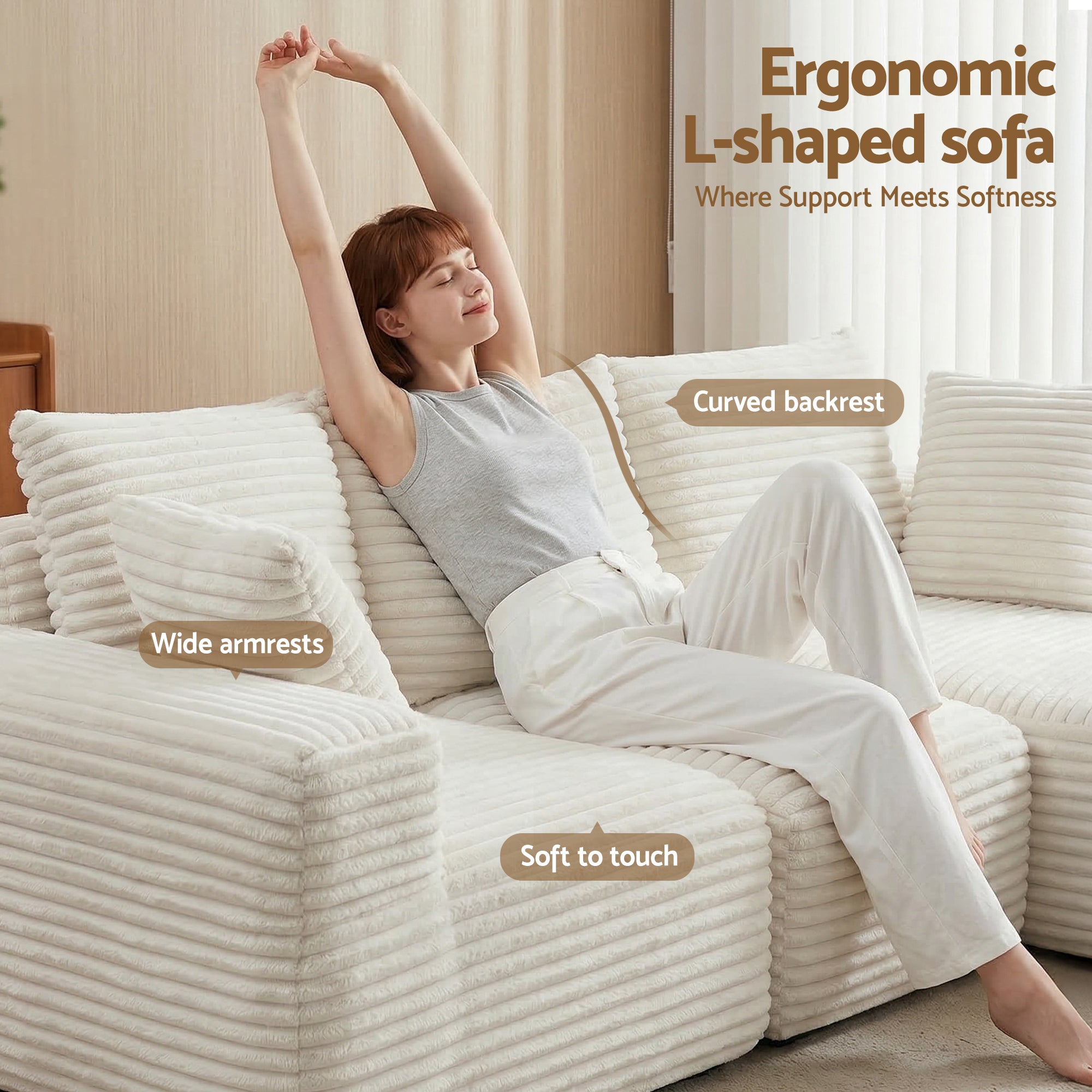 Artiss 3 Seater Modular Sofa Bed Sectional Boneless Couches for Living Room Corduroy Compressed Sofa White Bedworld