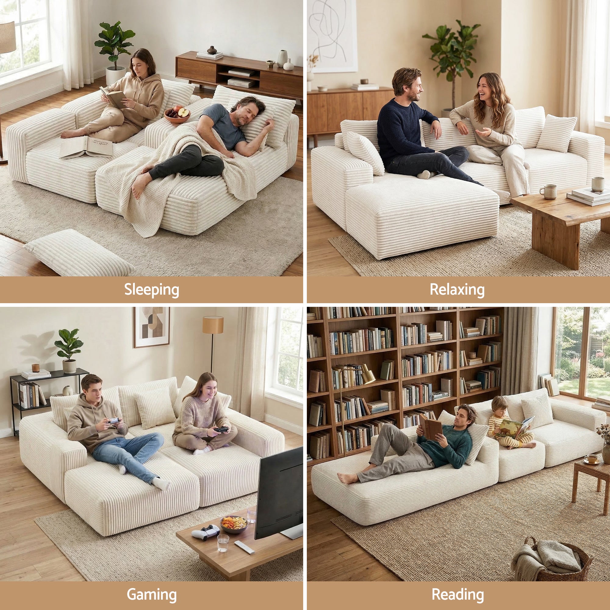 Artiss 3 Seater Modular Sofa Bed Sectional Boneless Couches for Living Room Corduroy Compressed Sofa White Bedworld