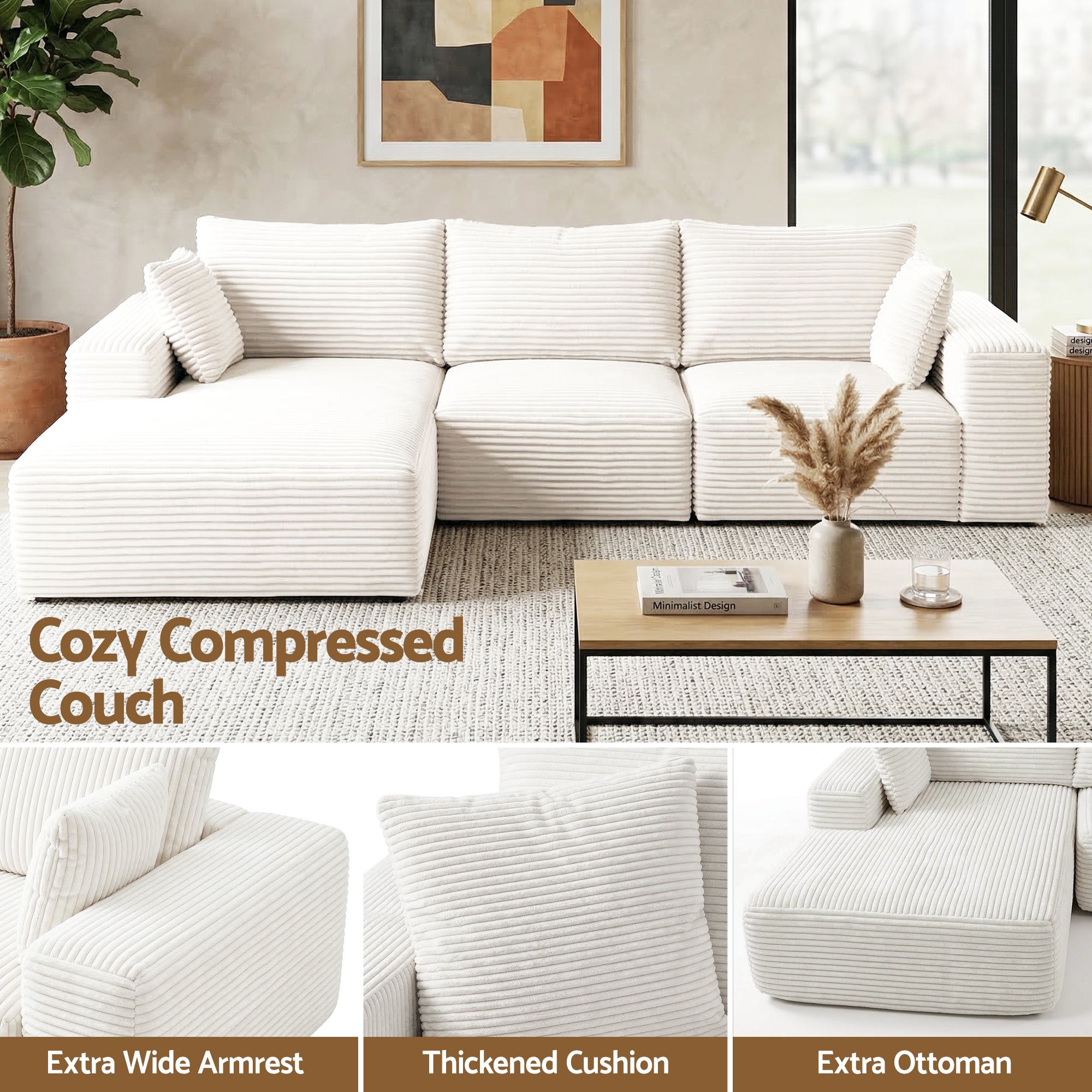 Artiss 3 Seater Modular Sofa Bed Sectional Boneless Couches for Living Room Corduroy Compressed Sofa White Bedworld