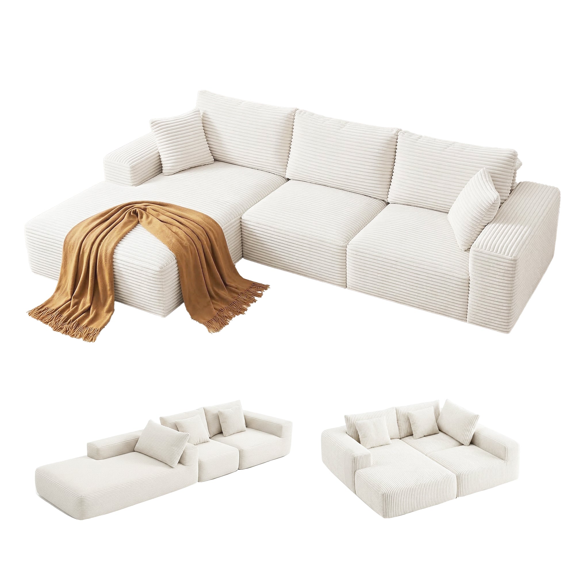 Artiss 3 Seater Modular Sofa Bed Sectional Boneless Couches for Living Room Corduroy Compressed Sofa White Bedworld