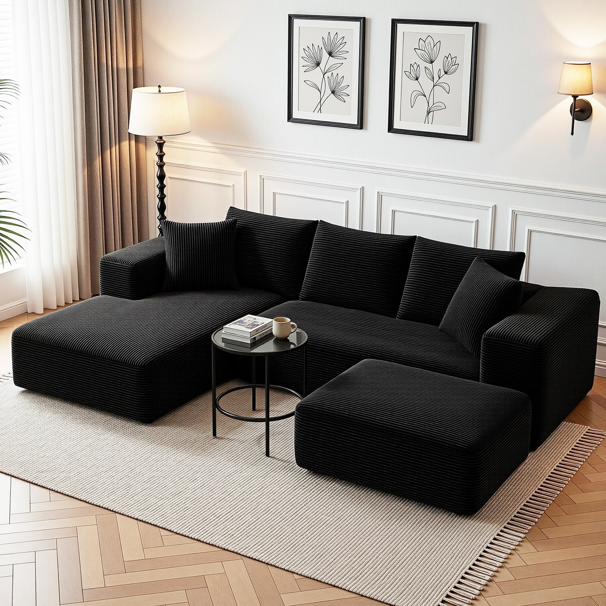Artiss Modular Sofa Bed with Ottoman Sectional Boneless Couches for Living Room Corduroy Compressed Sofa Black Bedworld
