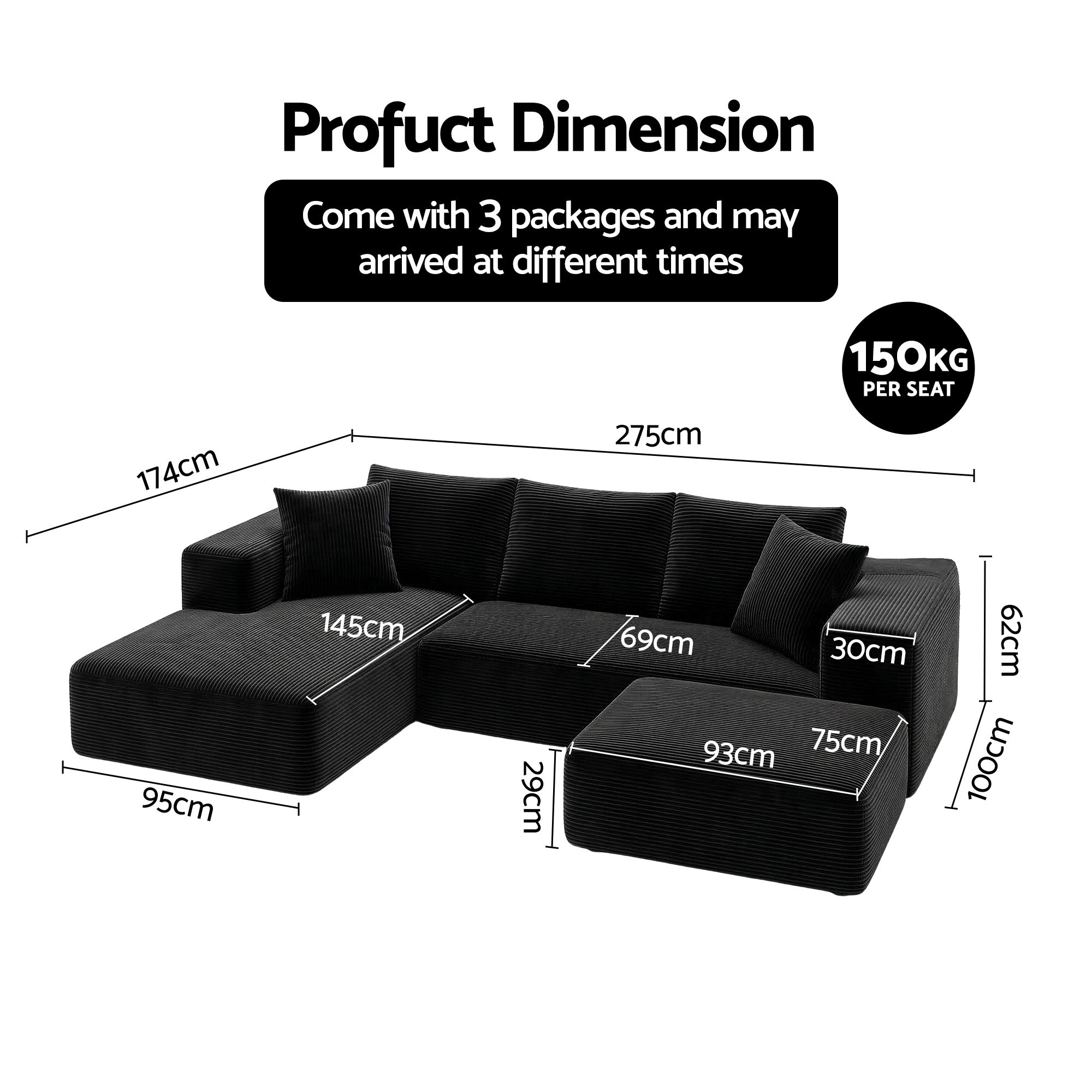 Artiss Modular Sofa Bed with Ottoman Sectional Boneless Couches for Living Room Corduroy Compressed Sofa Black Bedworld