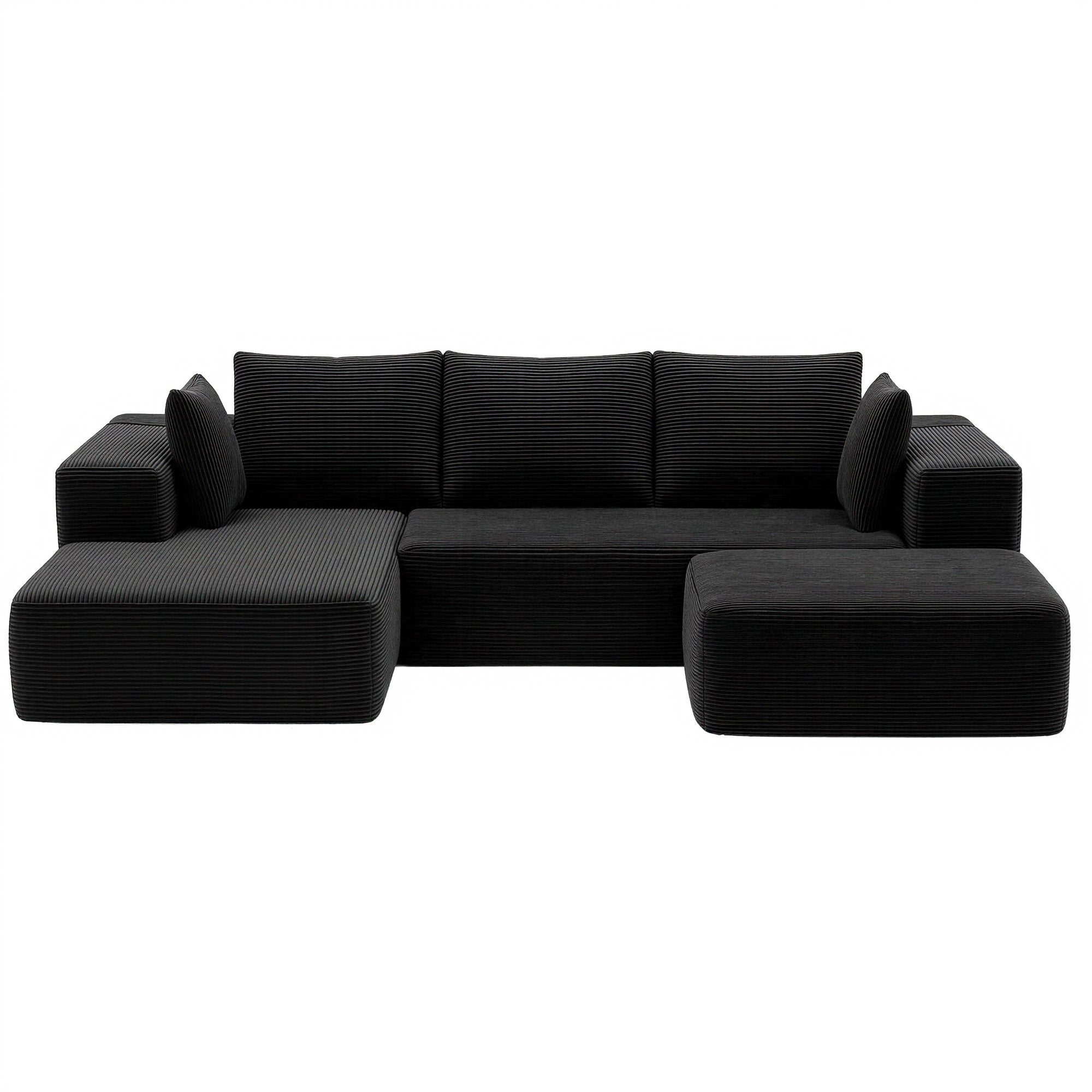 Artiss Modular Sofa Bed with Ottoman Sectional Boneless Couches for Living Room Corduroy Compressed Sofa Black Bedworld