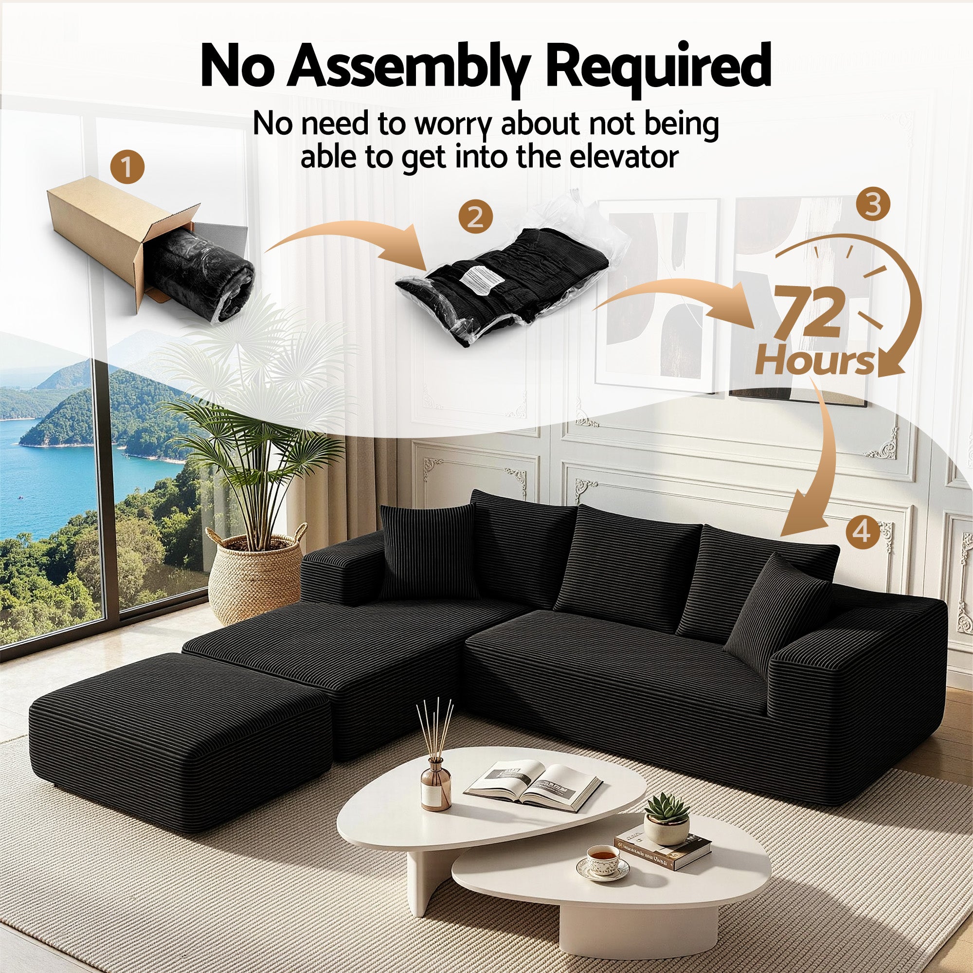 Artiss Modular Sofa Bed with Ottoman Sectional Boneless Couches for Living Room Corduroy Compressed Sofa Black Bedworld