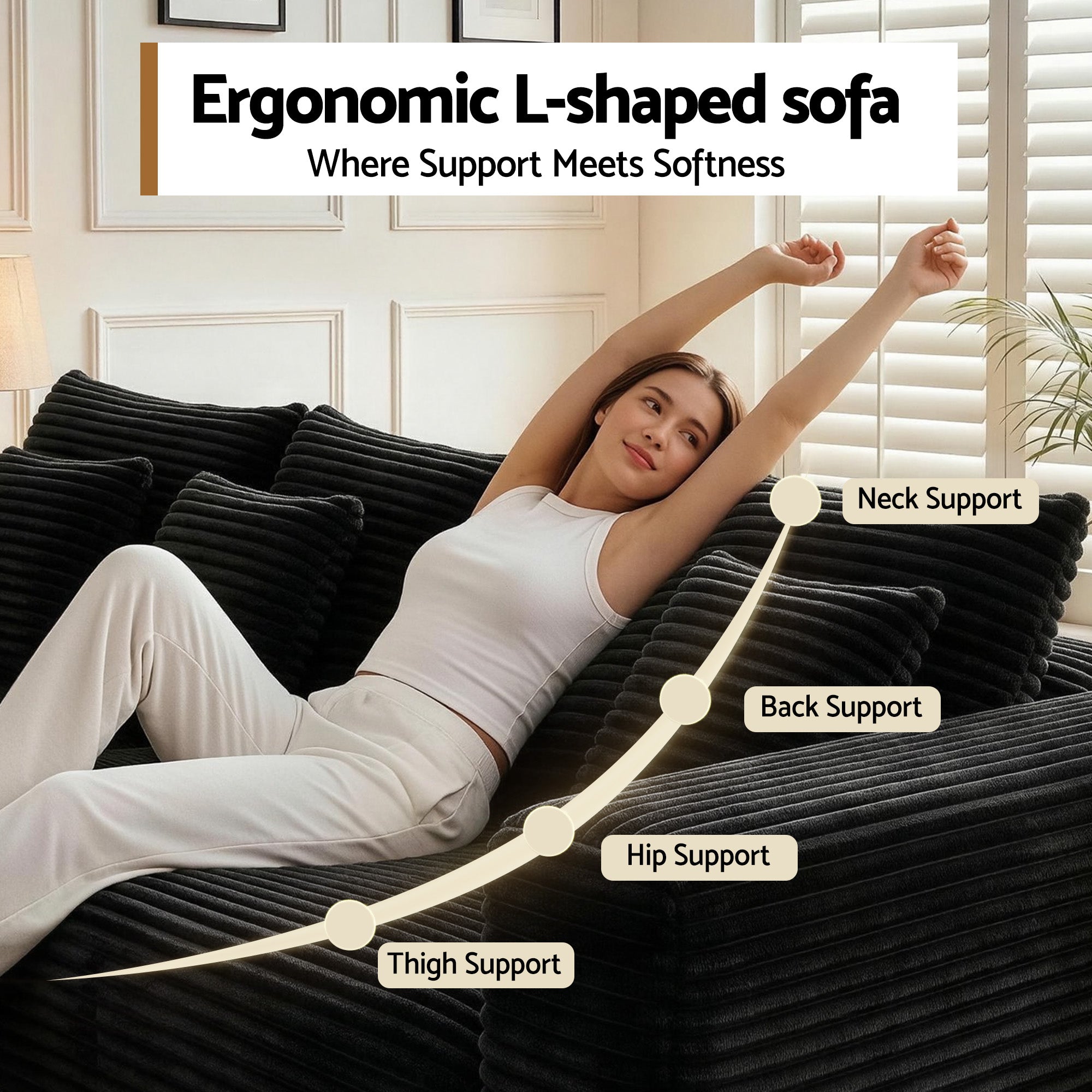Artiss Modular Sofa Bed with Ottoman Sectional Boneless Couches for Living Room Corduroy Compressed Sofa Black Bedworld