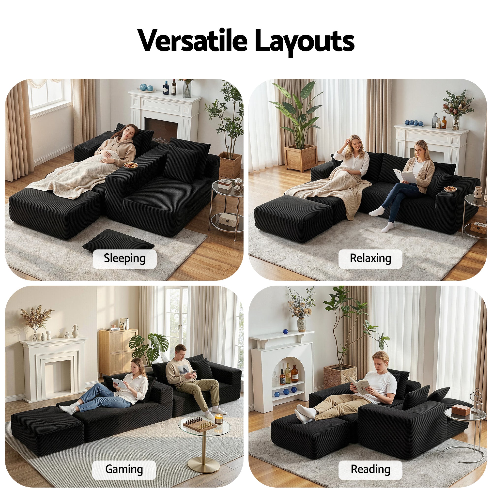 Artiss Modular Sofa Bed with Ottoman Sectional Boneless Couches for Living Room Corduroy Compressed Sofa Black Bedworld