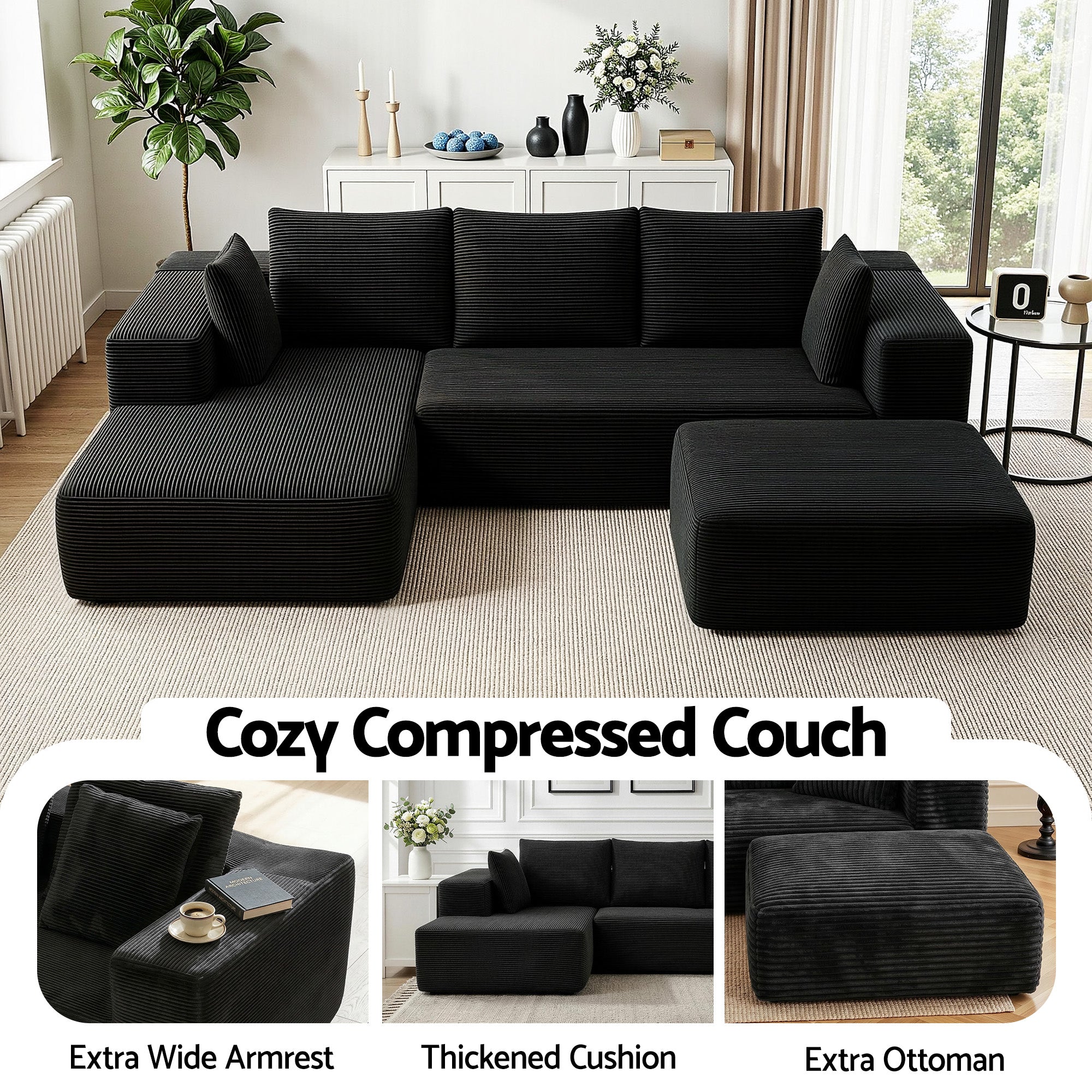 Artiss Modular Sofa Bed with Ottoman Sectional Boneless Couches for Living Room Corduroy Compressed Sofa Black Bedworld