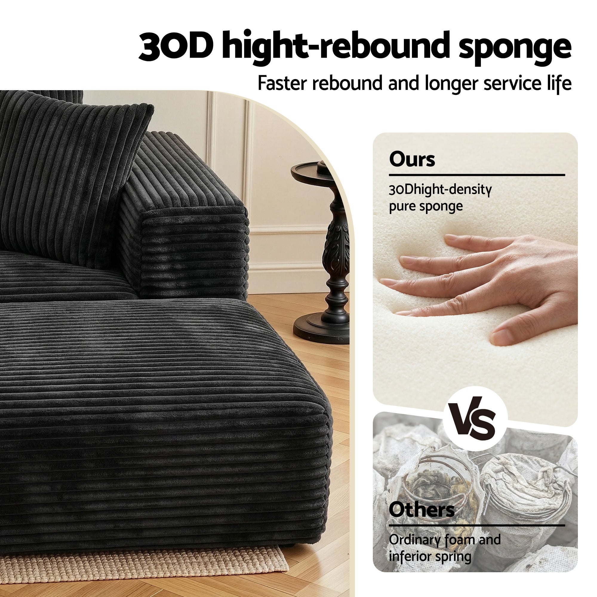 Artiss Modular Sofa Bed with Ottoman Sectional Boneless Couches for Living Room Corduroy Compressed Sofa Black Bedworld