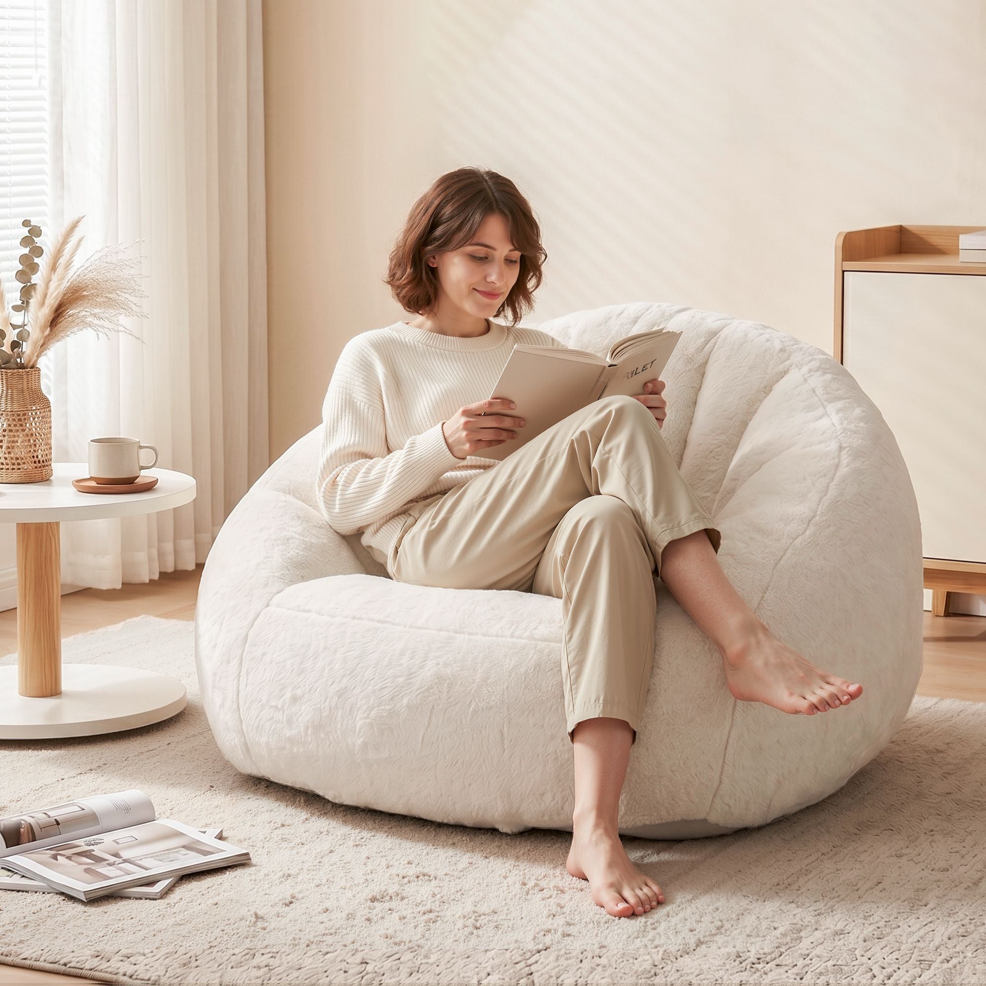 Artiss Single Small Boneless Couch Comfy Bean Bag for Living Room Faux Fur White Bedworld