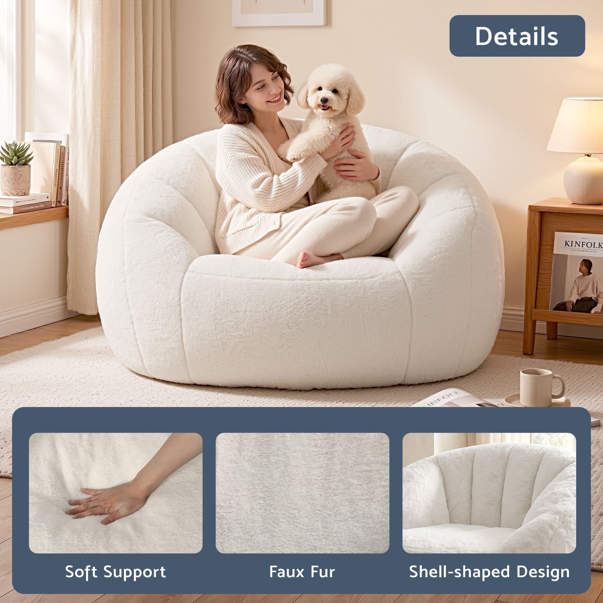 Artiss Single Small Boneless Couch Comfy Bean Bag for Living Room Faux Fur White Bedworld