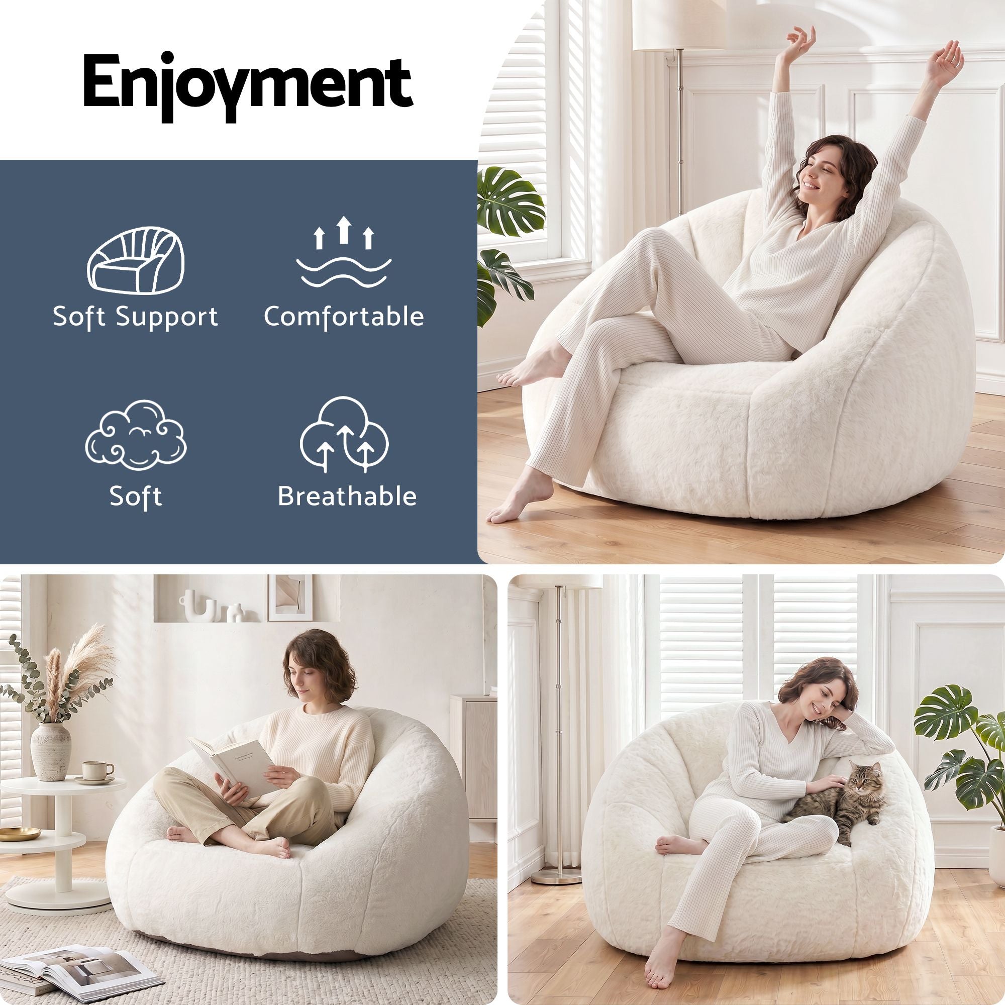 Artiss Single Small Boneless Couch Comfy Bean Bag for Living Room Faux Fur White Bedworld