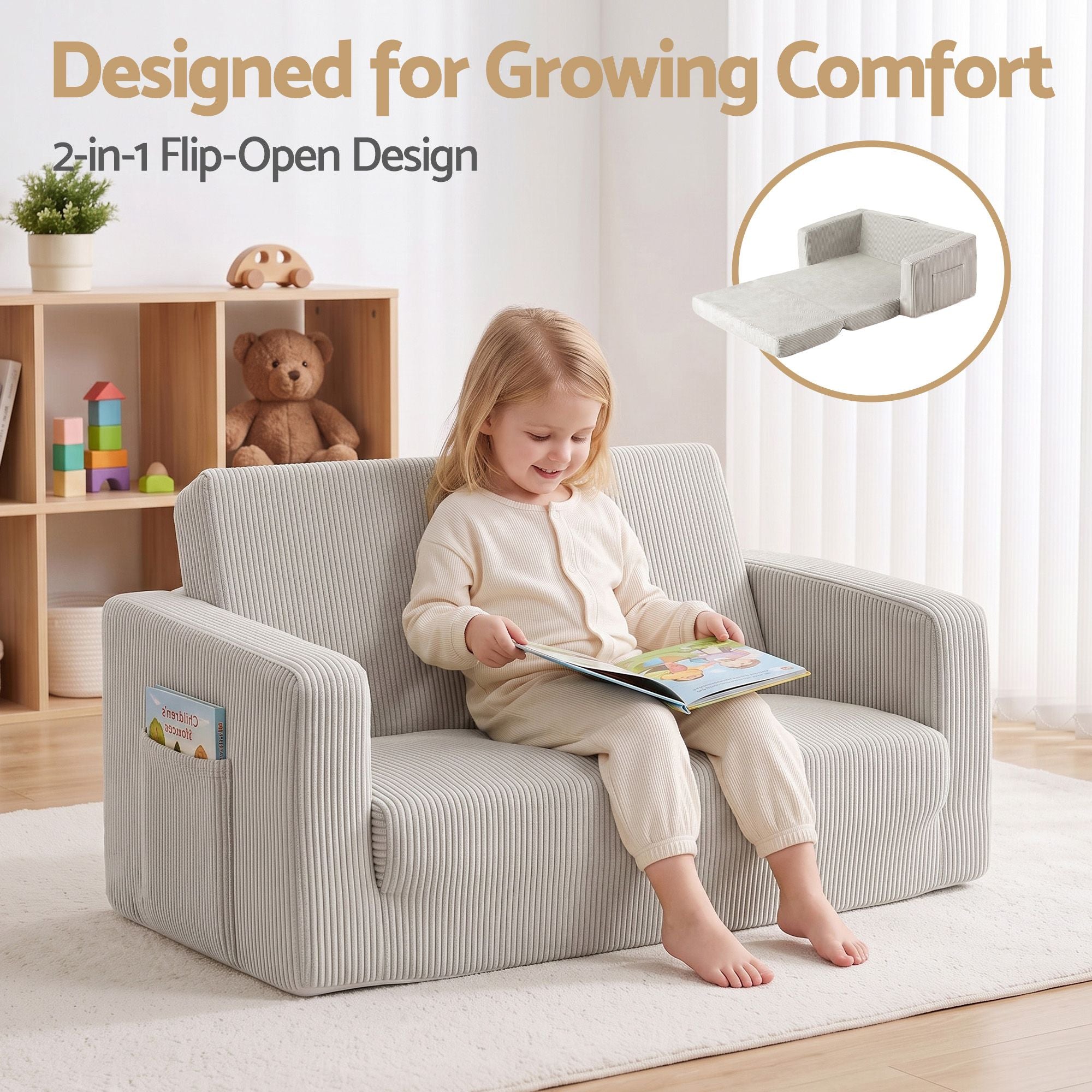 Artiss 2-in-1 Sofa Foam Couch with Side Pocket Light Grey Bedworld