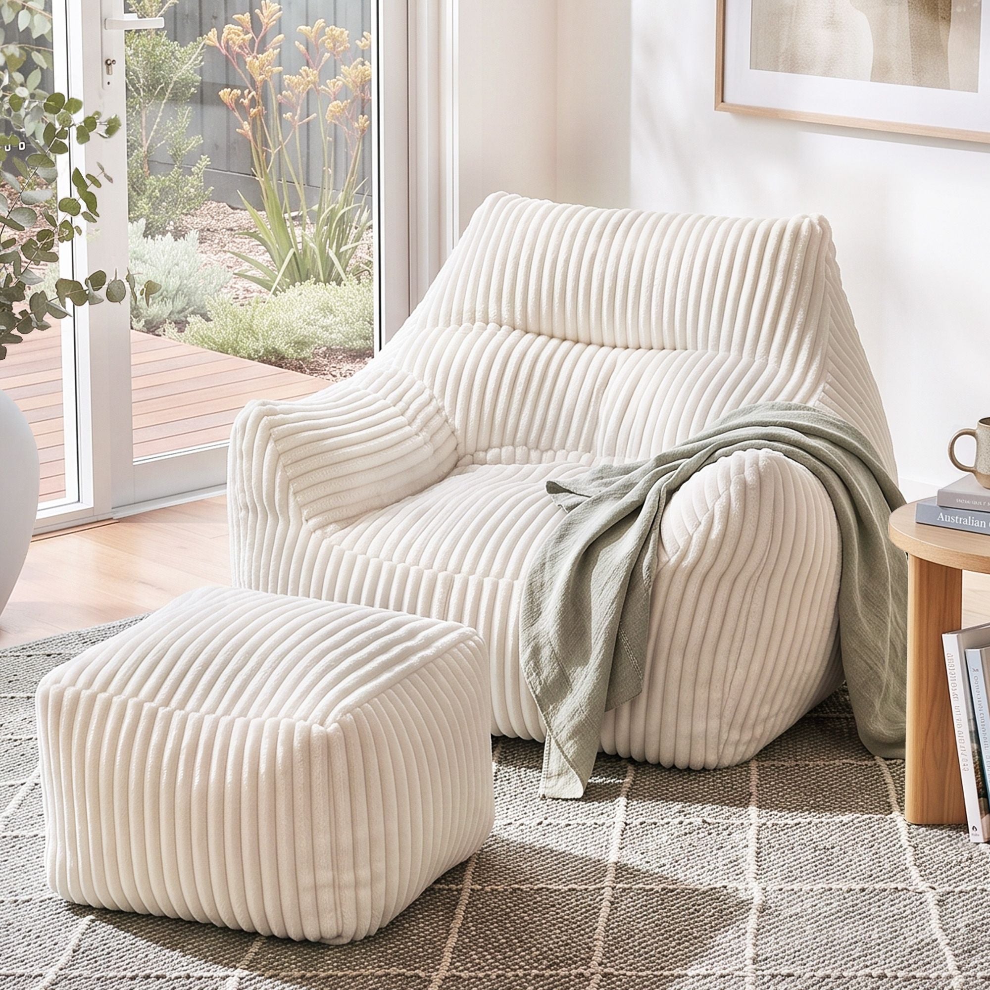 Artiss Bean Bag Sofa w/Ottoman Corduroy for Adults Teens White Bedworld