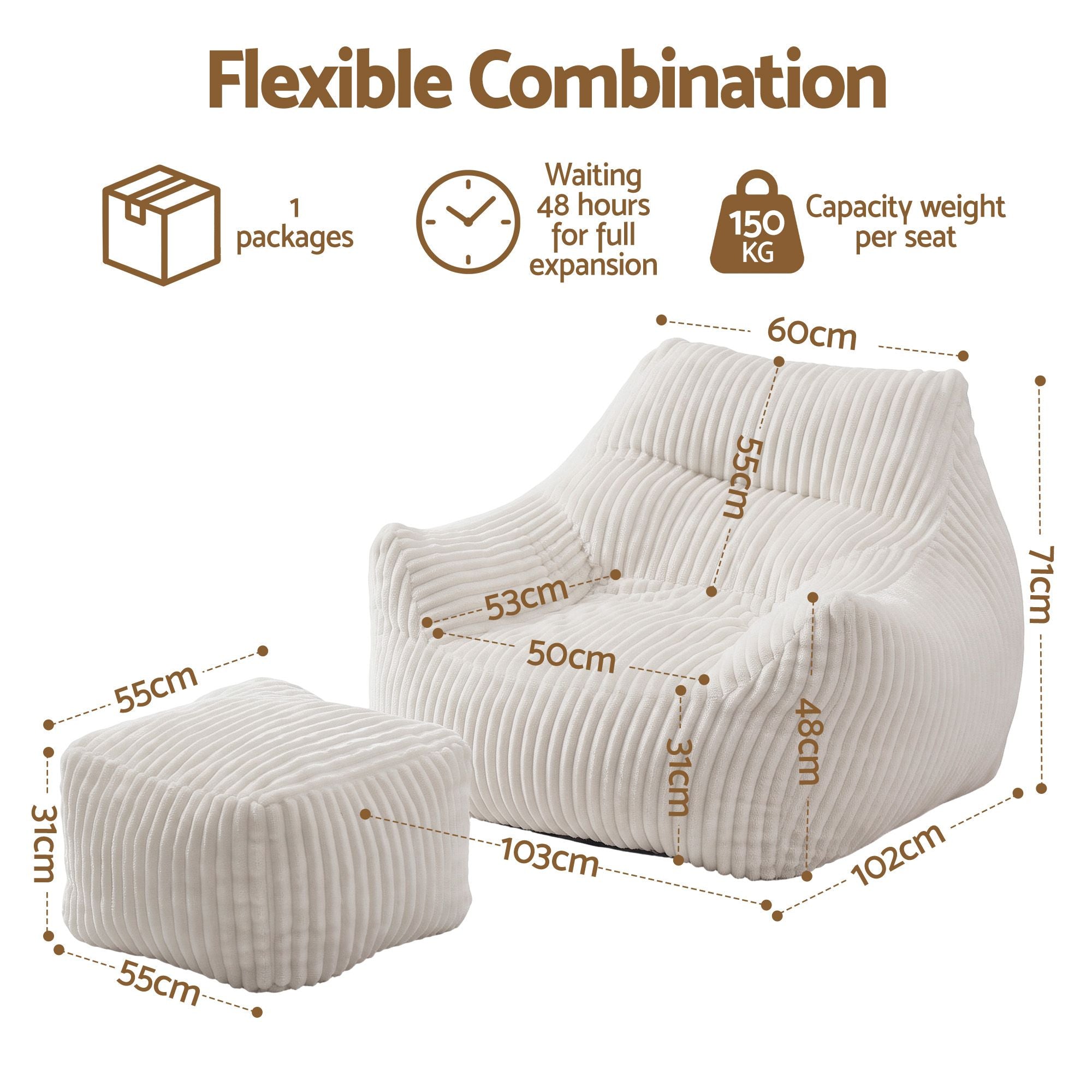Artiss Bean Bag Sofa w/Ottoman Corduroy for Adults Teens White Bedworld