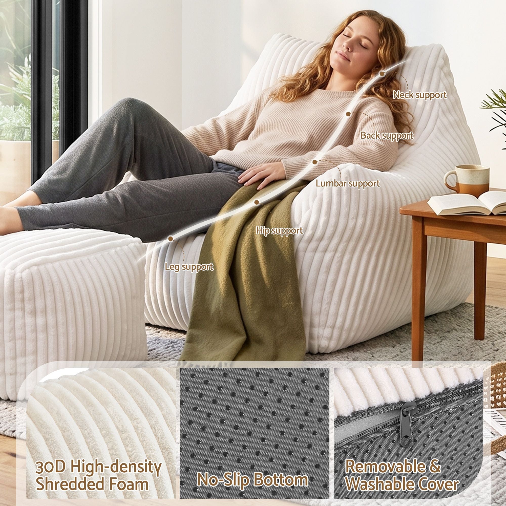 Artiss Bean Bag Sofa w/Ottoman Corduroy for Adults Teens White Bedworld