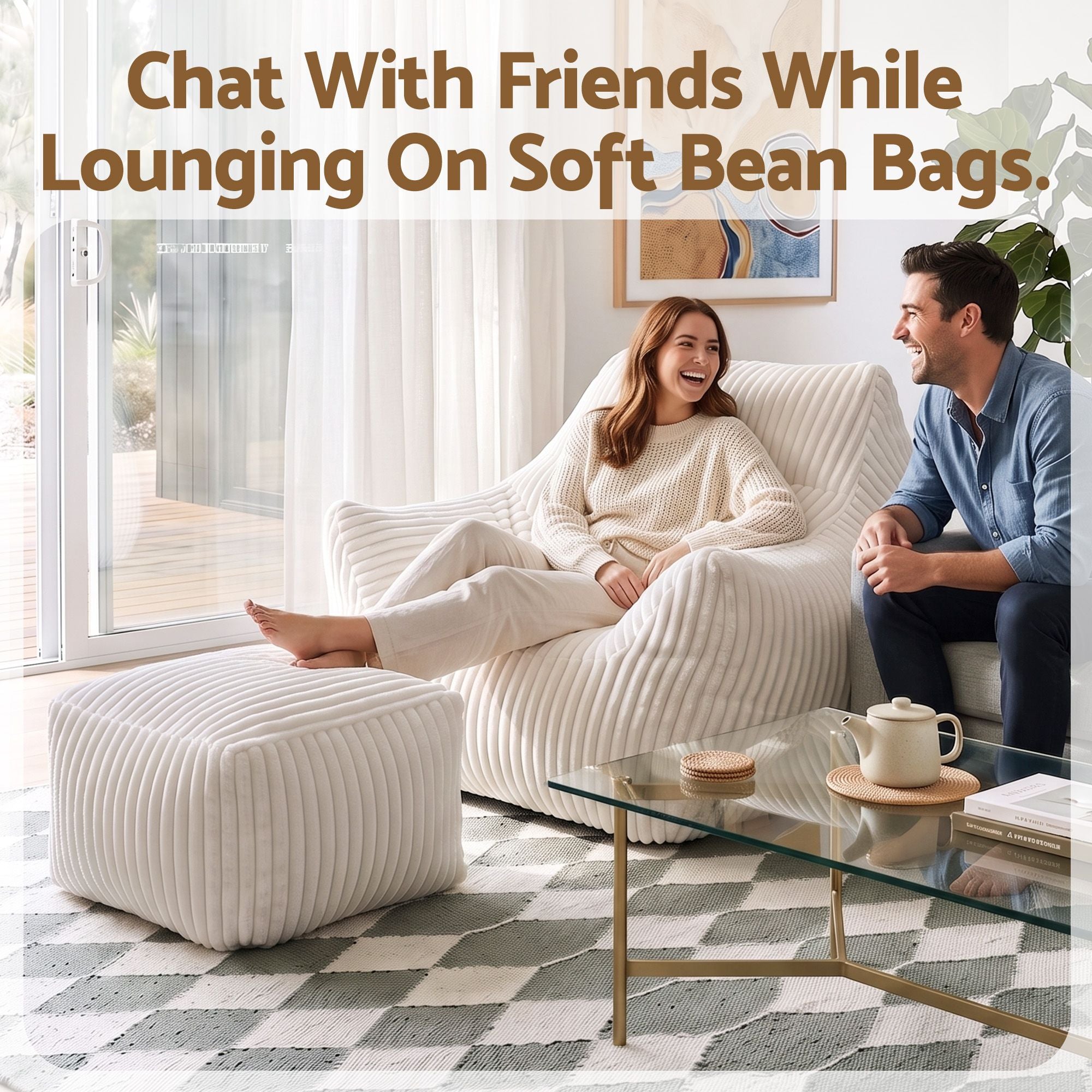 Artiss Bean Bag Sofa w/Ottoman Corduroy for Adults Teens White Bedworld