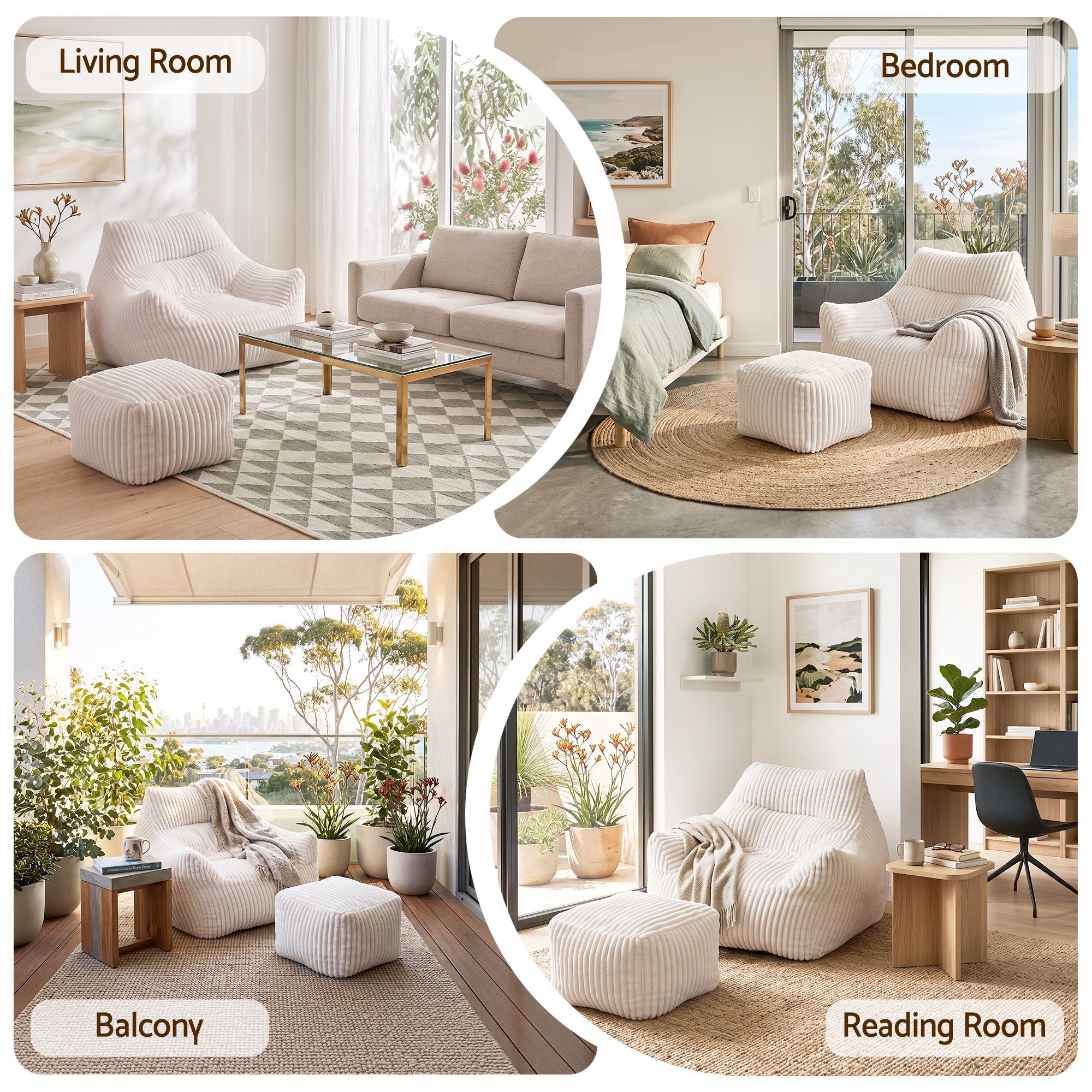 Artiss Bean Bag Sofa w/Ottoman Corduroy for Adults Teens White Bedworld