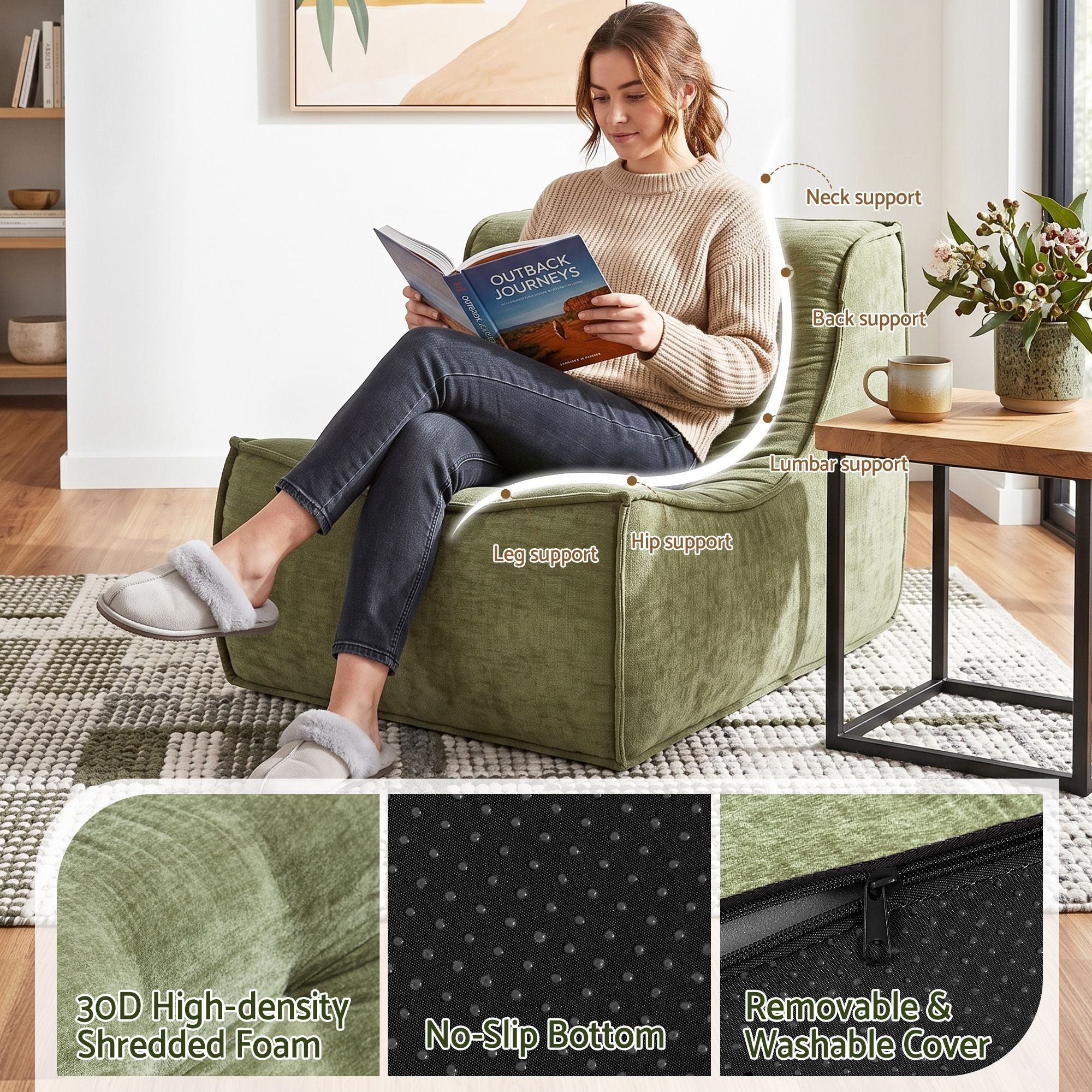 Artiss Floor Sofa Armless Chenille No Assembly Removable Cover Green Bedworld