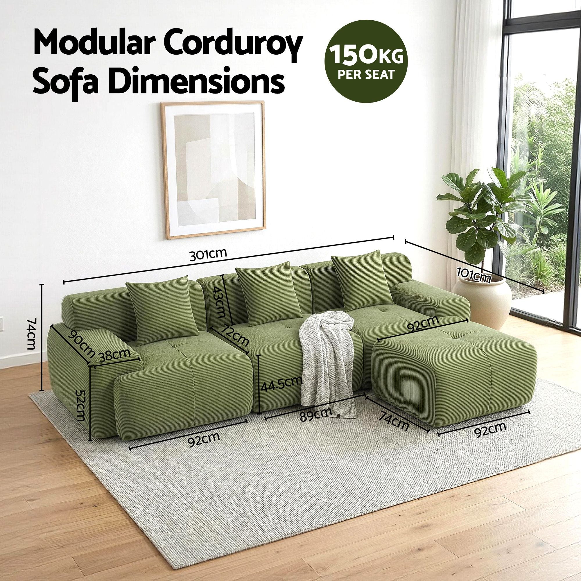 Green modular sectional sofa bed with corner layout, chaise, and multiple seat segments