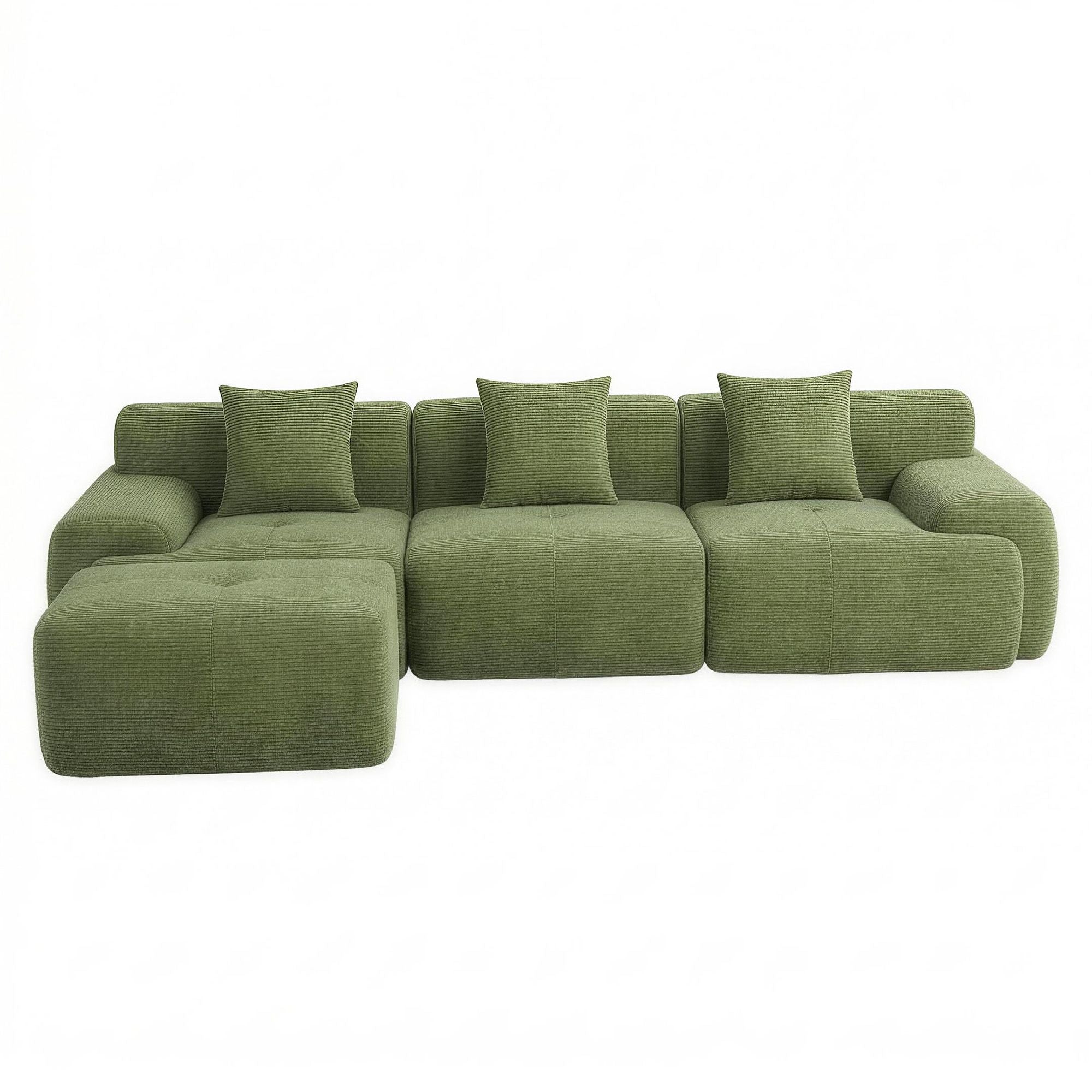 Green modular L-shaped sectional sofa bed with chaise and back cushions