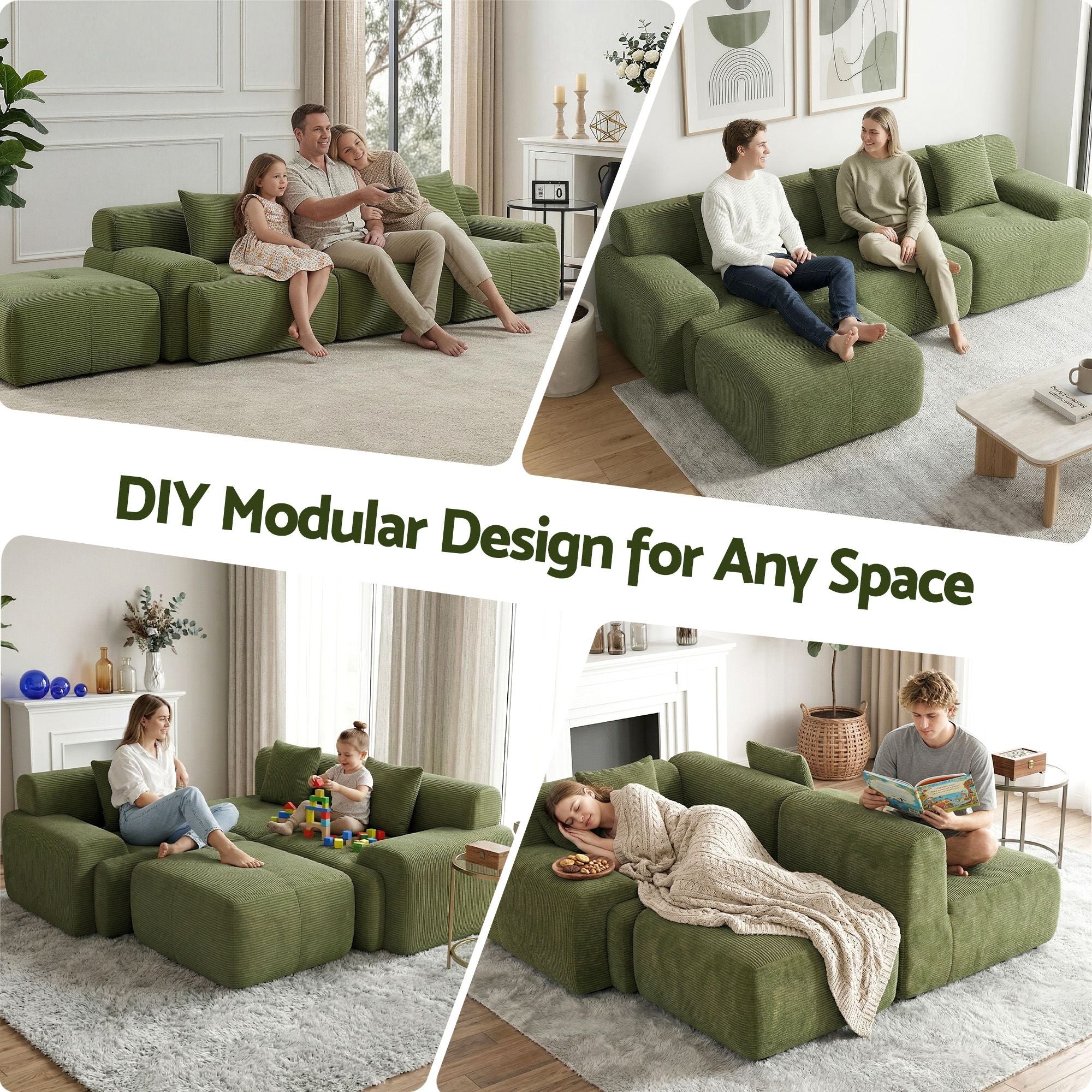 Green modular sectional sofa bed with chaise, deep seating, and back cushions