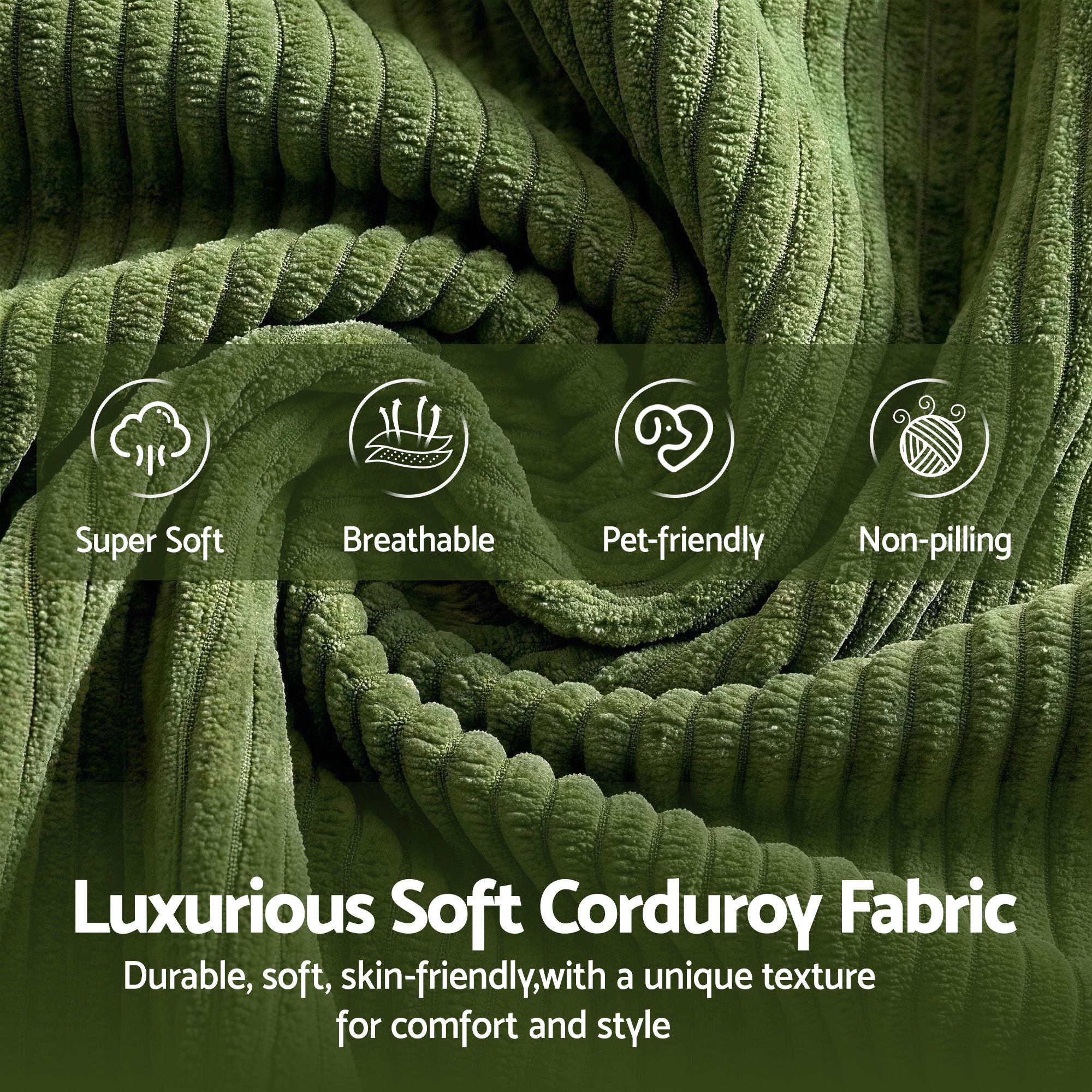 Green corduroy sofa bed upholstery with ridged texture and visible stitching