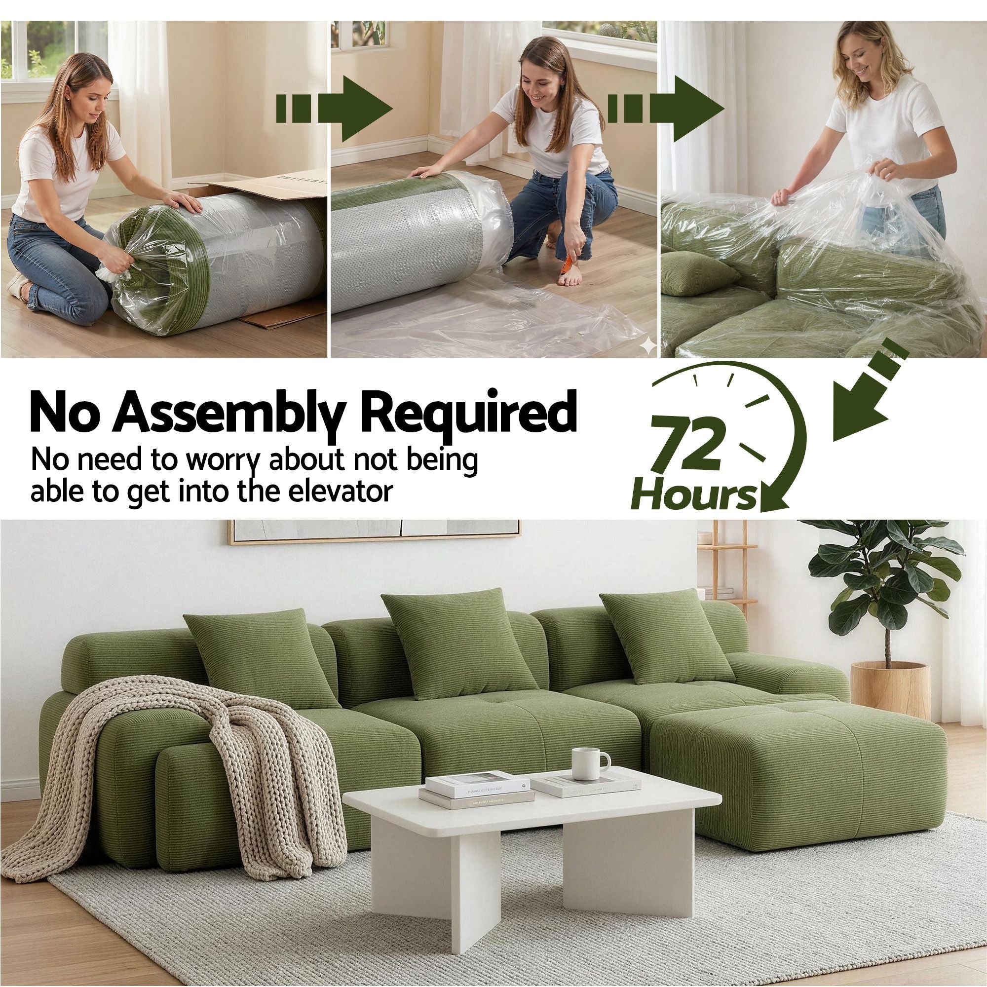 Green modular sectional sofa bed with chaise and back cushions, partially wrapped