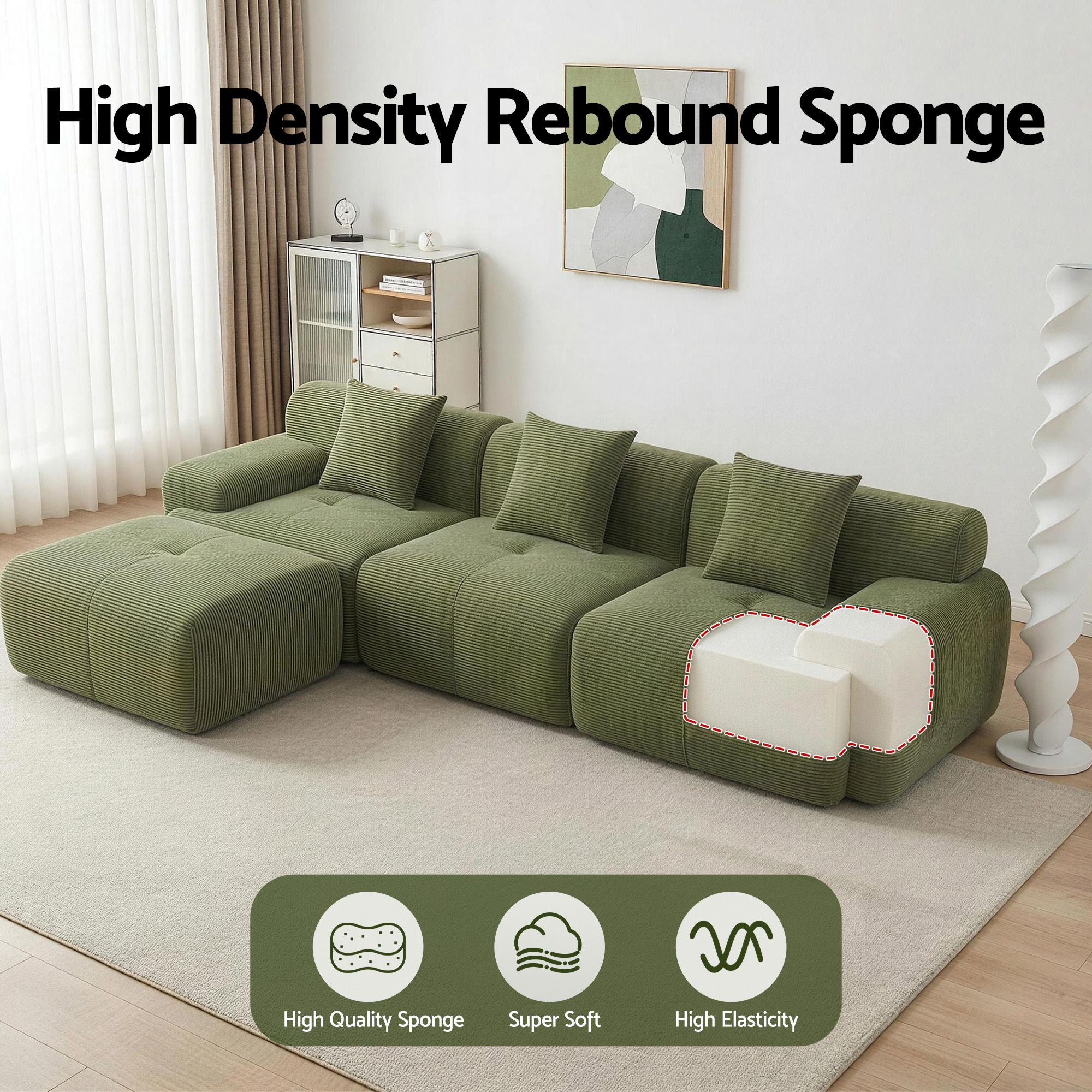 Green modular L-shaped sectional sofa bed with wide arms, chaise, and back cushions