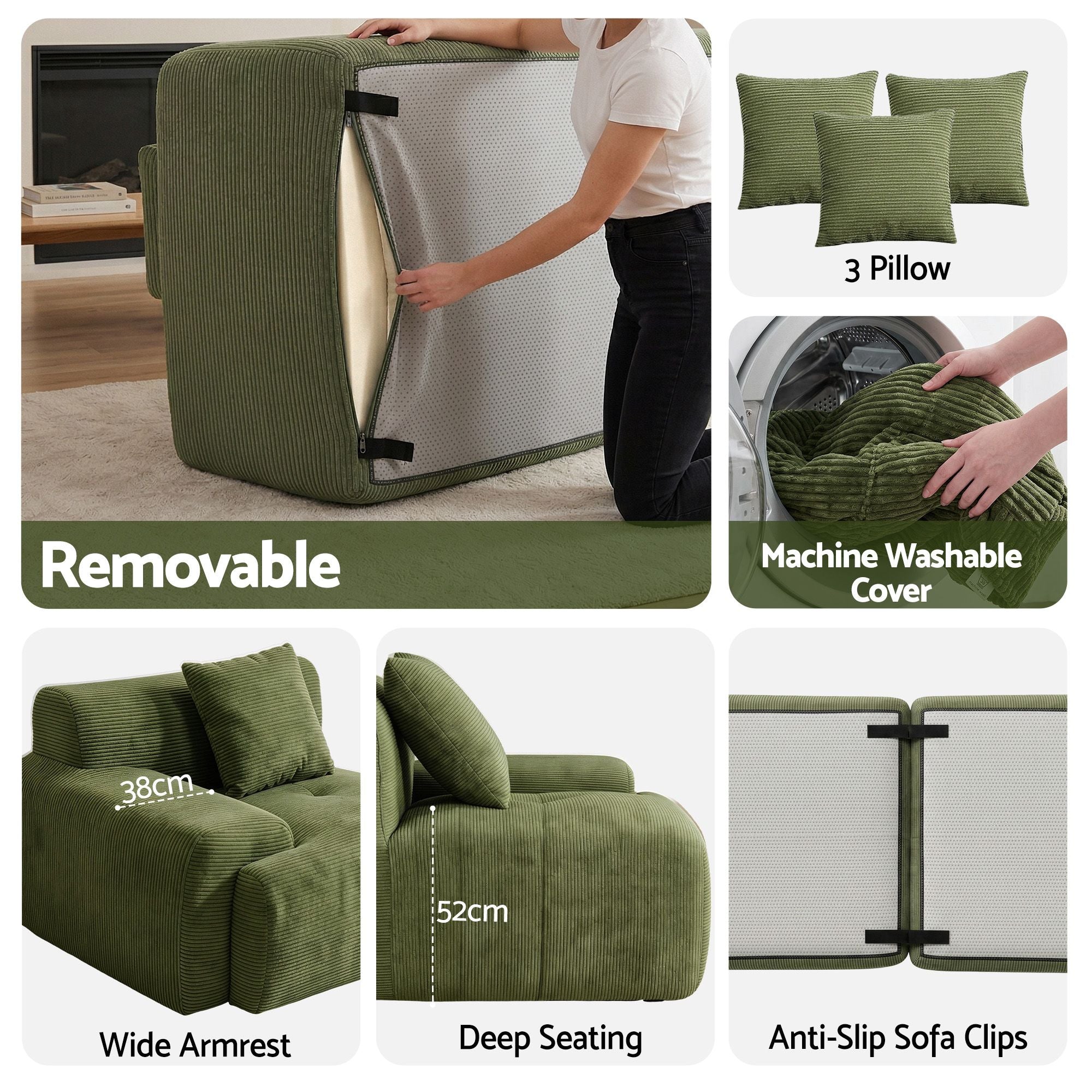 Green modular sofa bed with removable cover, three pillows, and deep seat cushions