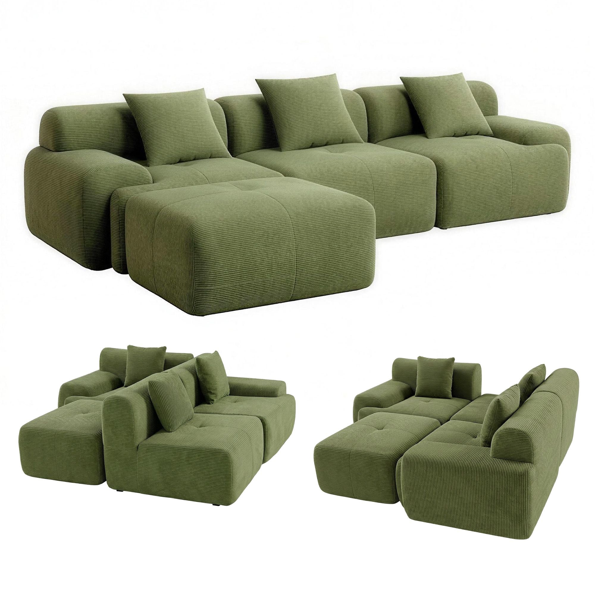 Green modular sectional sofa bed shown in multiple configurations with chaise modules