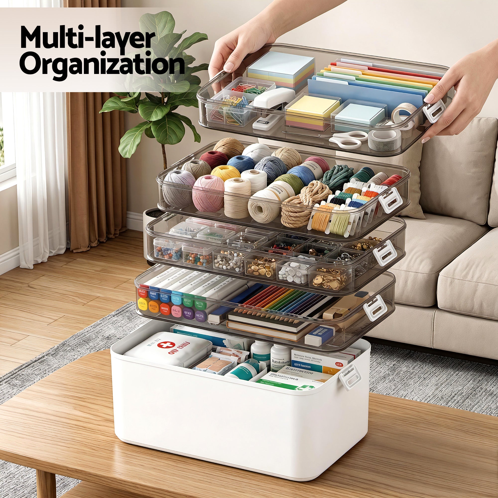 Artiss 5 Tier Portable Storage Box Detachable with Handles Plastic Clear Bedworld