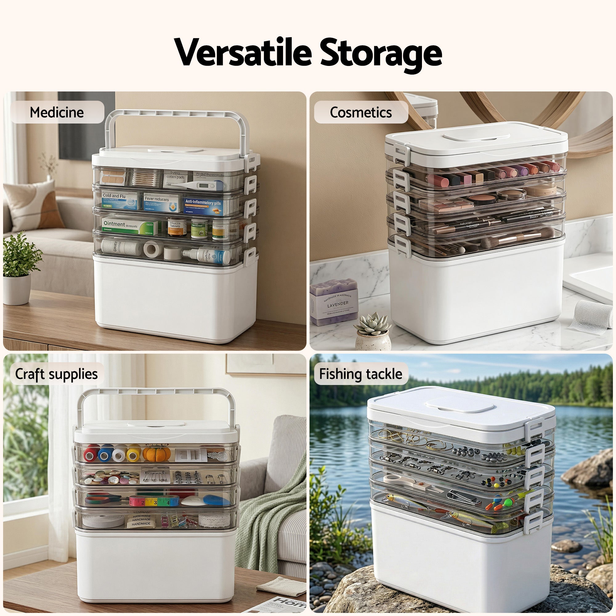 Artiss 5 Tier Portable Storage Box Detachable with Handles Plastic Clear Bedworld