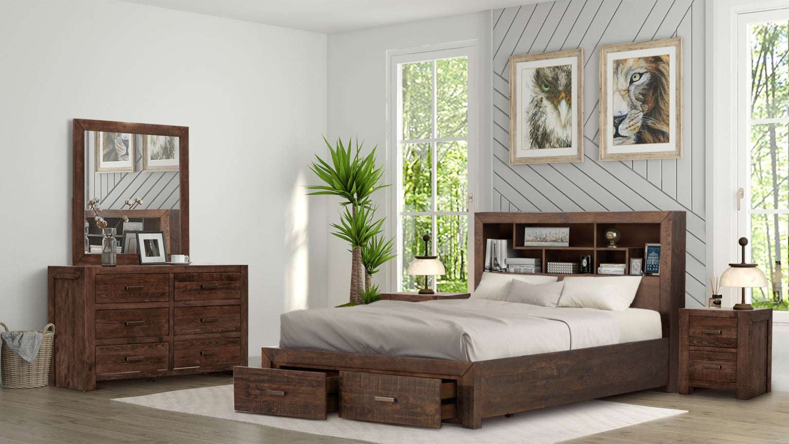 Timber Bed Frame with Bookshelf & Storage 4-Piece Bedroom Suite