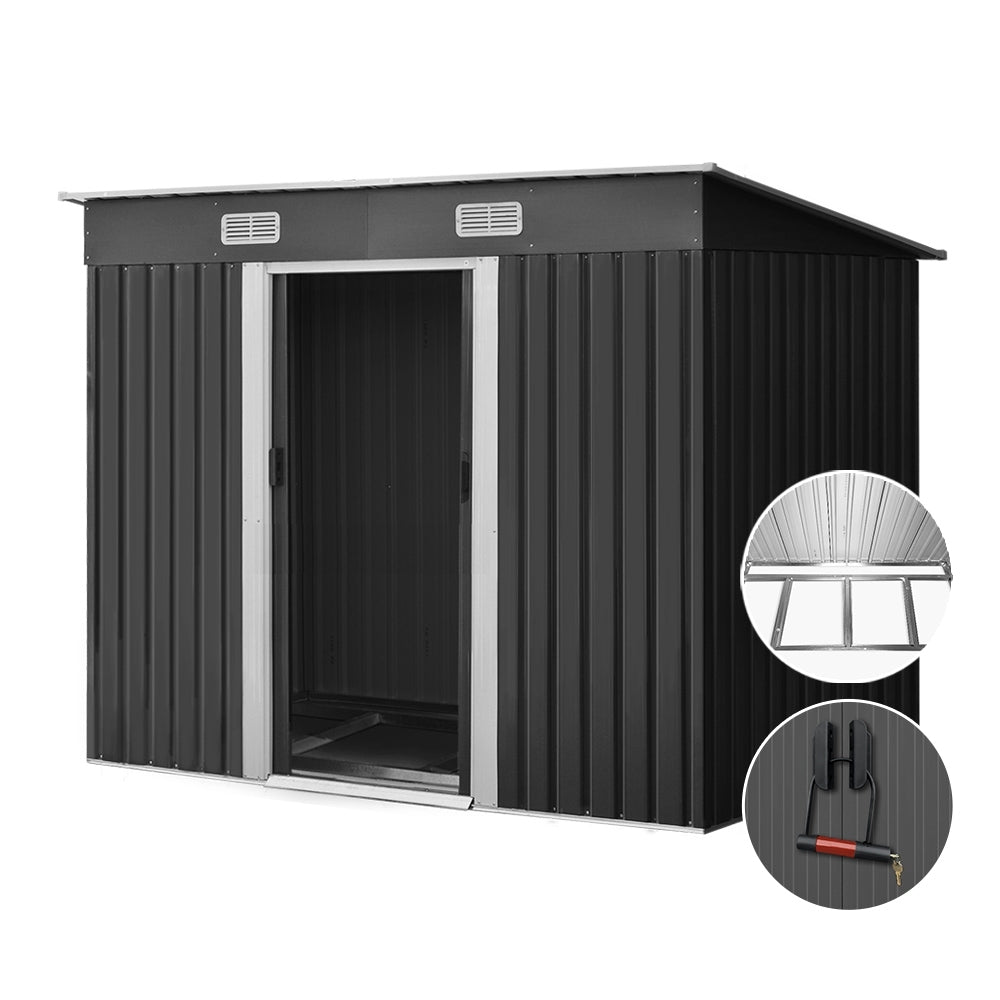 Outdoor metal storage shed, dark gray with open door; includes hardware and handle