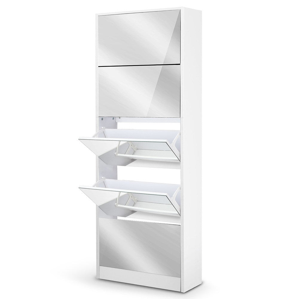 White shoe rack cabinet with full-length mirror and open shelving compartments