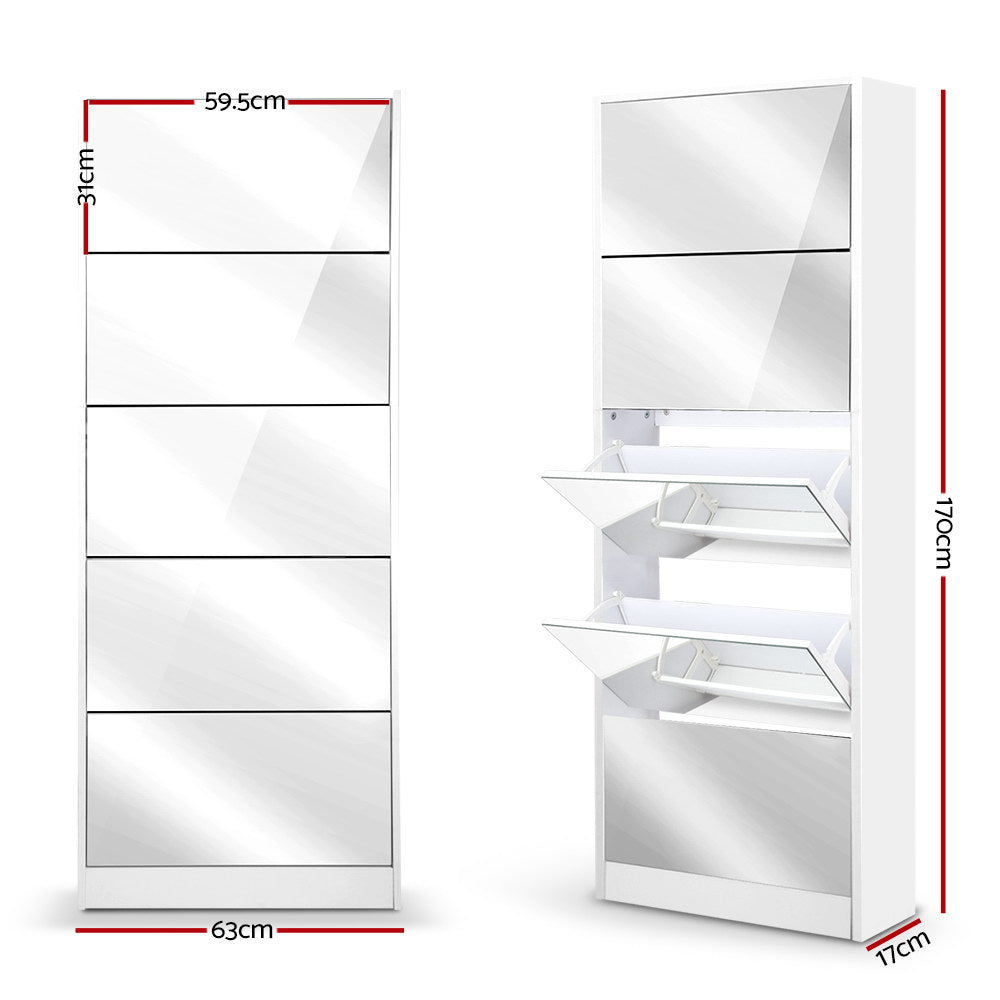 White shoe rack cabinet with full-length mirror and multiple open shoe shelves