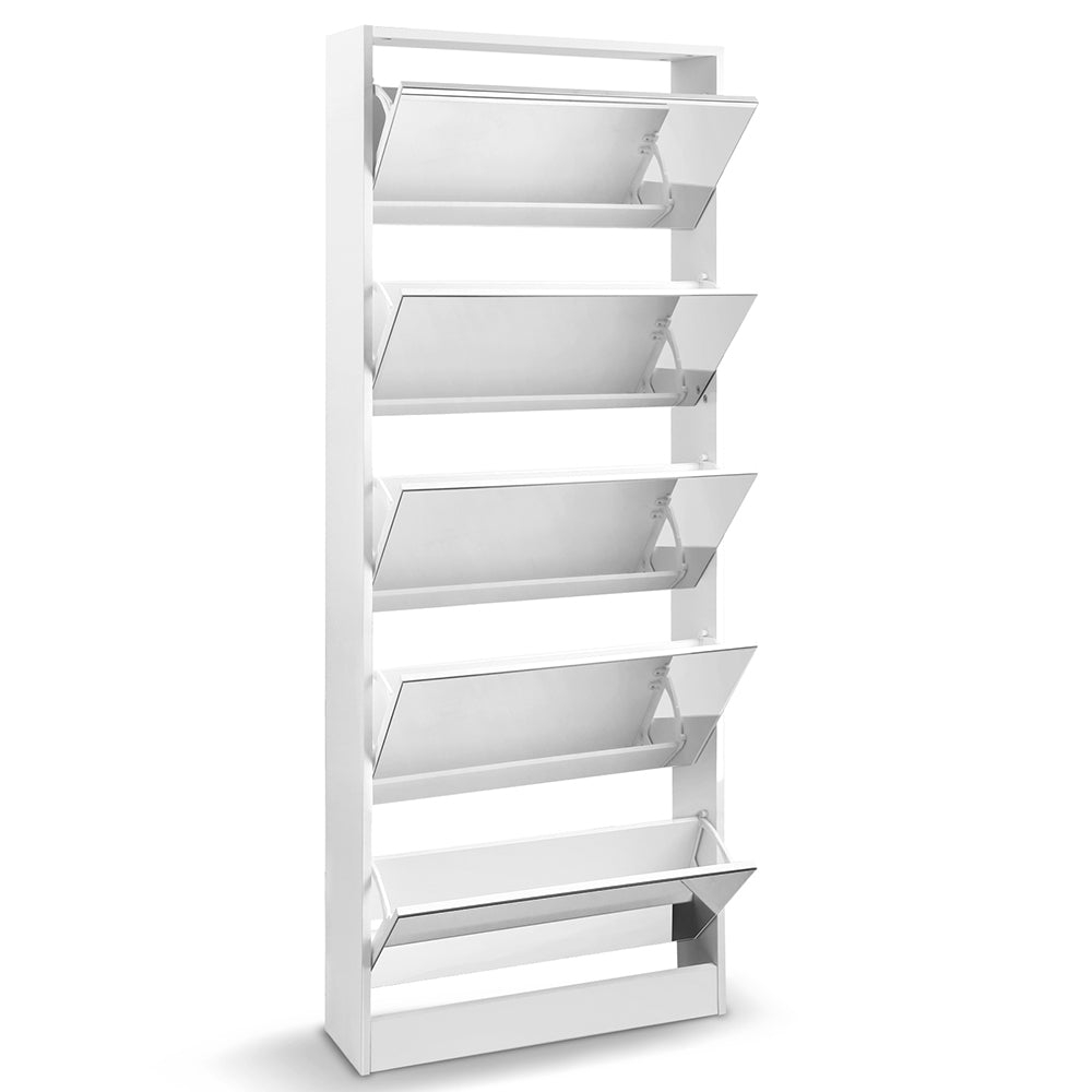 White shoe rack cabinet with full-length mirror panel and open shoe shelves