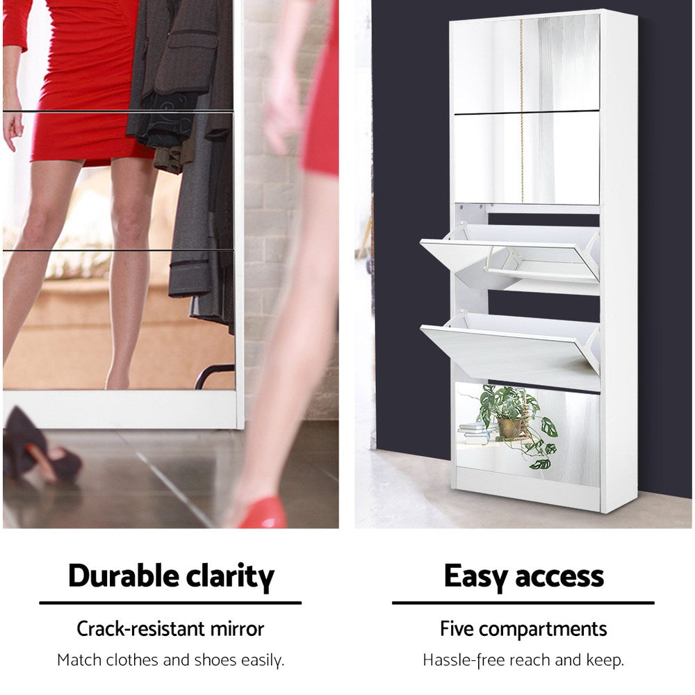 White shoe rack cabinet with full-length mirror and open shoe shelves in a room scene