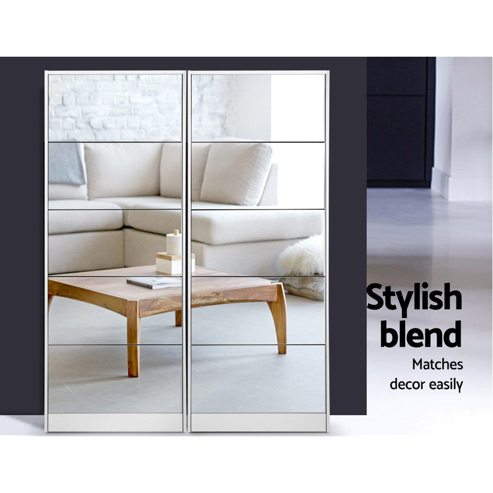 White mirrored shoe cabinet with front doors and open shoe shelves